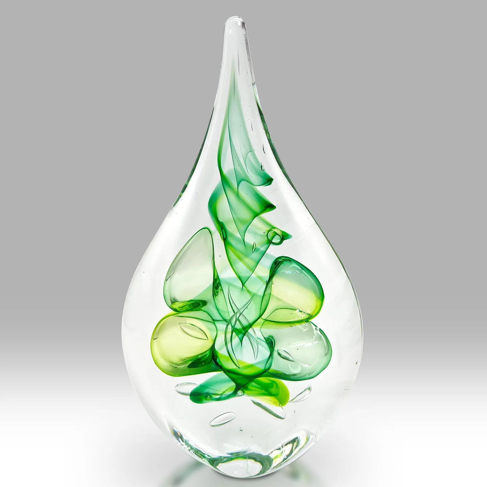 Handmade Fused Glass Paperweight with Green and Yellow Swirl Design