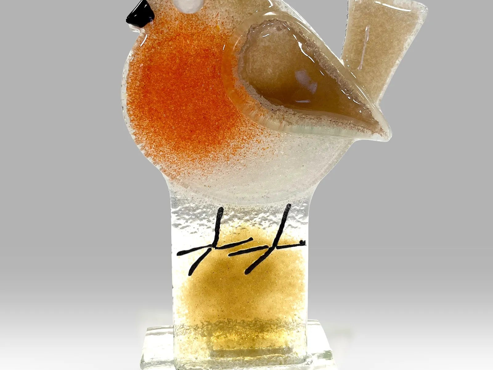 Handmade Fused Glass Robin Sculpture with Orange Breast and Clear Base