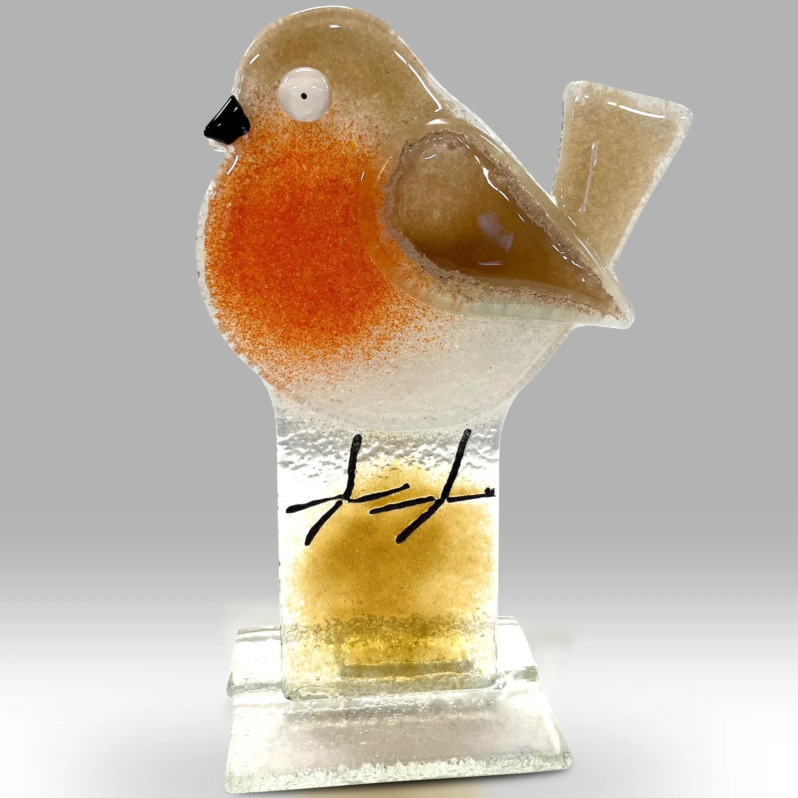 Handmade Fused Glass Robin Sculpture with Orange Breast and Clear Base