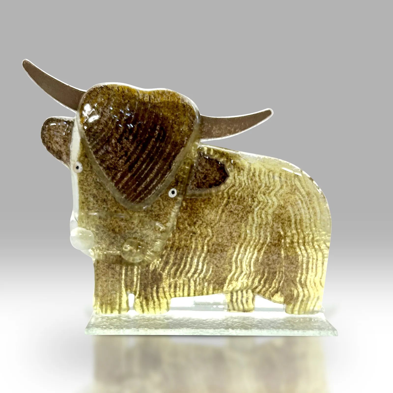 Highland Cow Glass Sculpture with Brown and Cream Fur