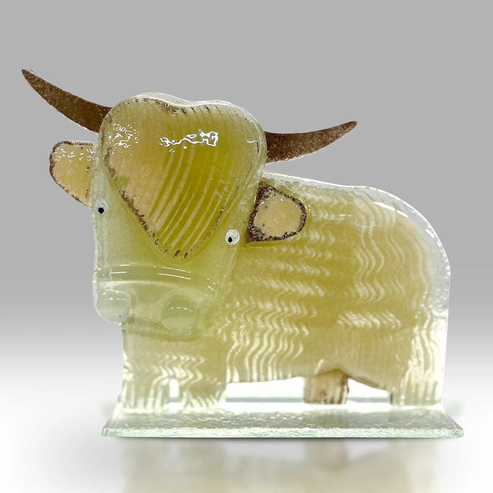 Highland Cow Glass Sculpture with Yellow and White Fur