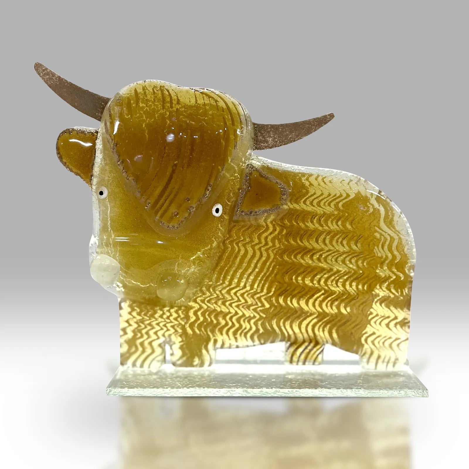 Highland Cow Glass Sculpture with Golden Brown Fur