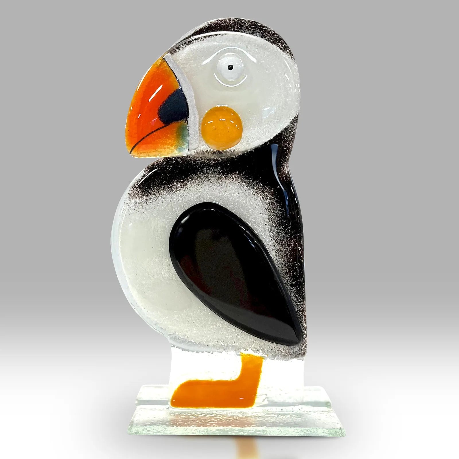 Fused Glass Puffin Sculpture with Black, White, and Orange Details