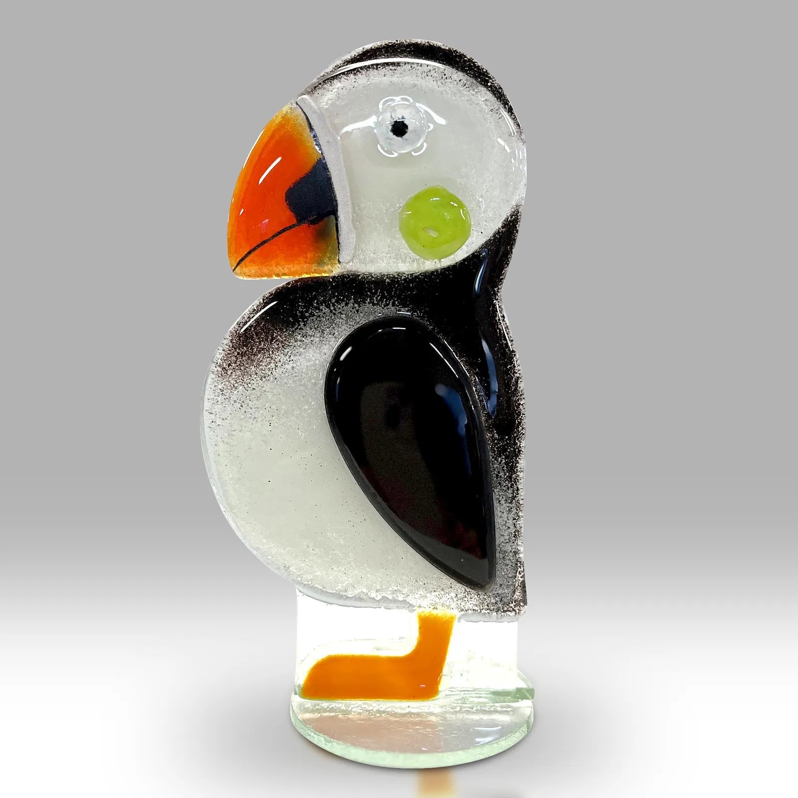 Fused Glass Puffin Sculpture with White, Black, and Orange Beak