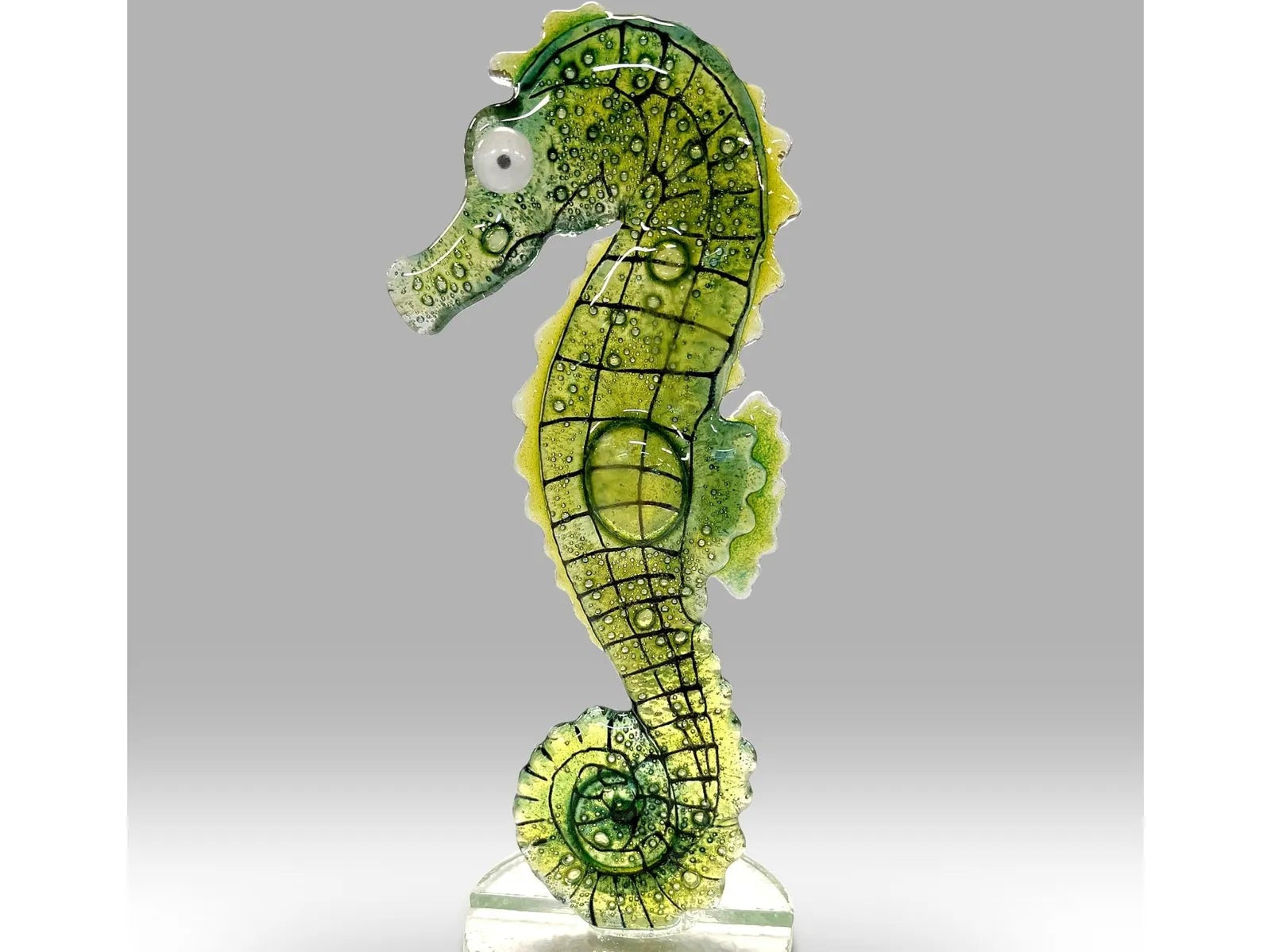 Handmade Fused Glass Green Seahorse Sculpture on Clear Base