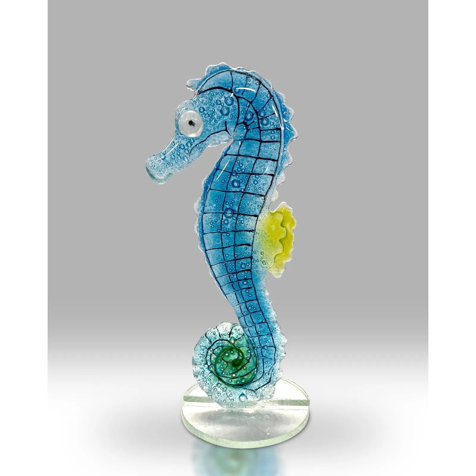 Handmade Fused Glass Blue Seahorse Sculpture with Detailed Finishing