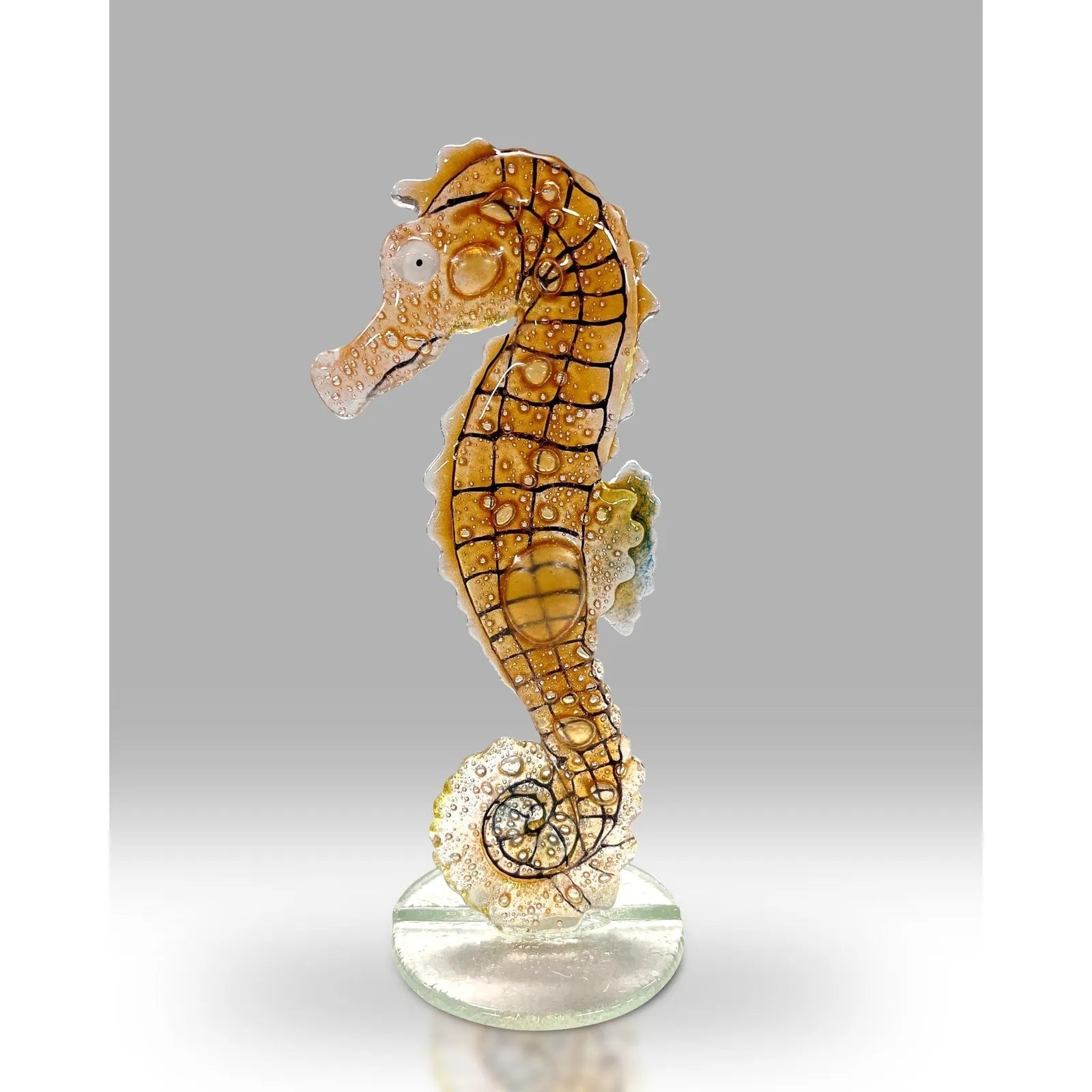 Handmade Fused Glass Yellow Seahorse Sculpture with Intricate Detailing