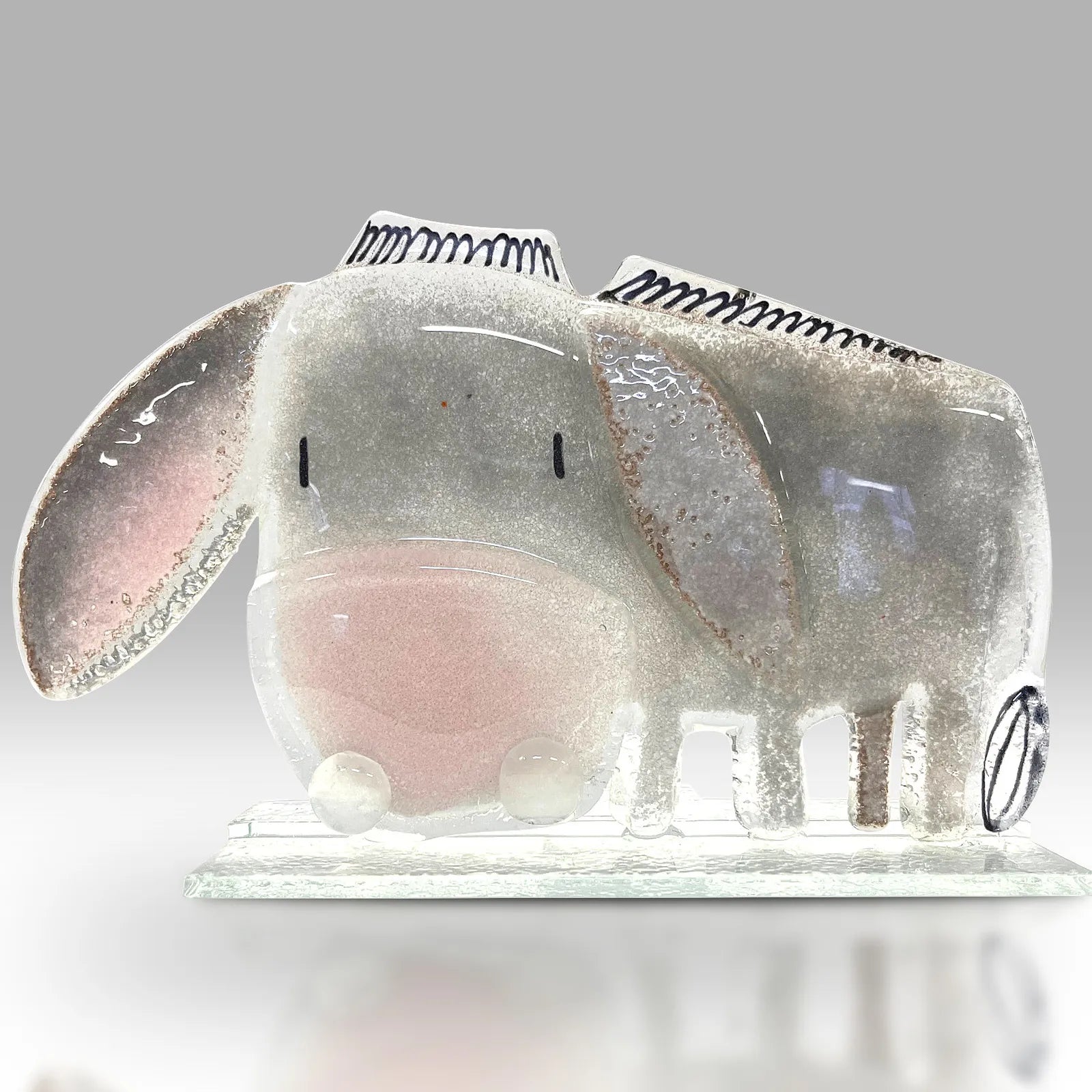 Handmade Fused Glass Grey Donkey Sculpture with Pink Features
