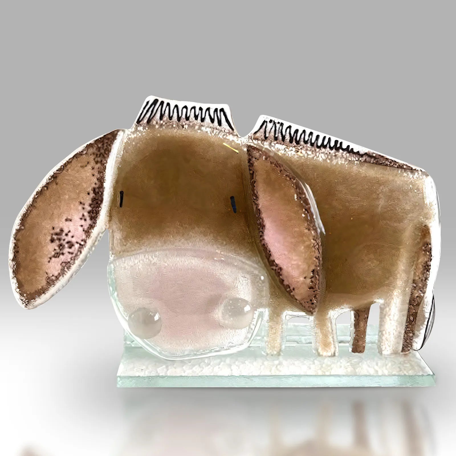 Handmade Fused Glass Grey Donkey Sculpture with Pink Features
