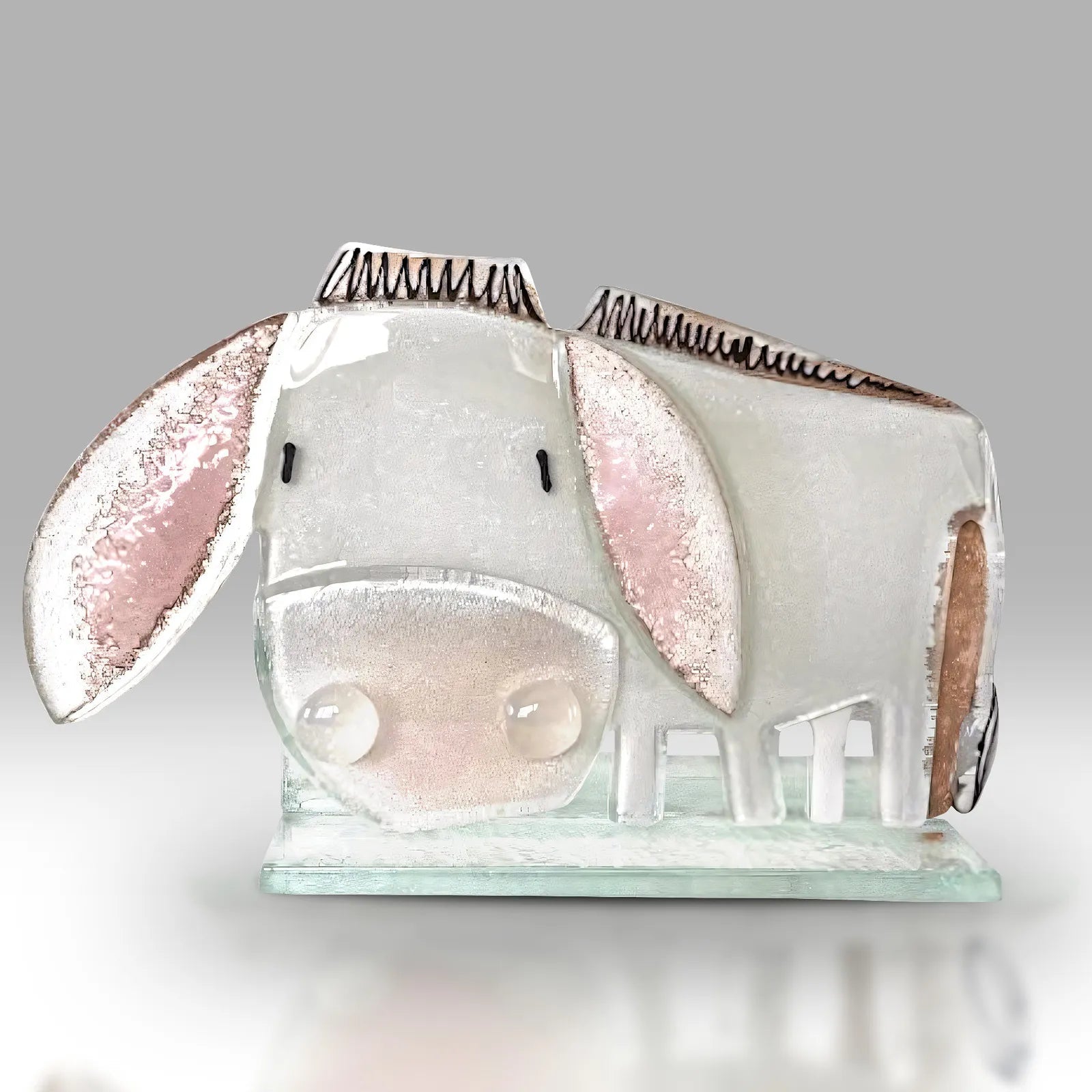 Handmade Fused Glass Brown Donkey Sculpture with Pink Accents