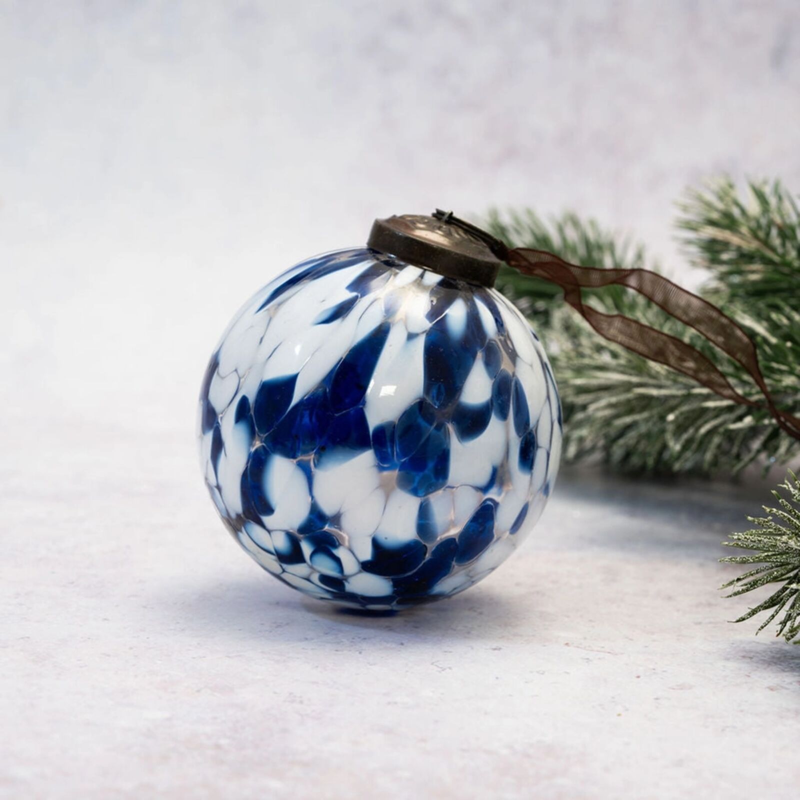 Blue and White Speckled Glass Christmas Bauble