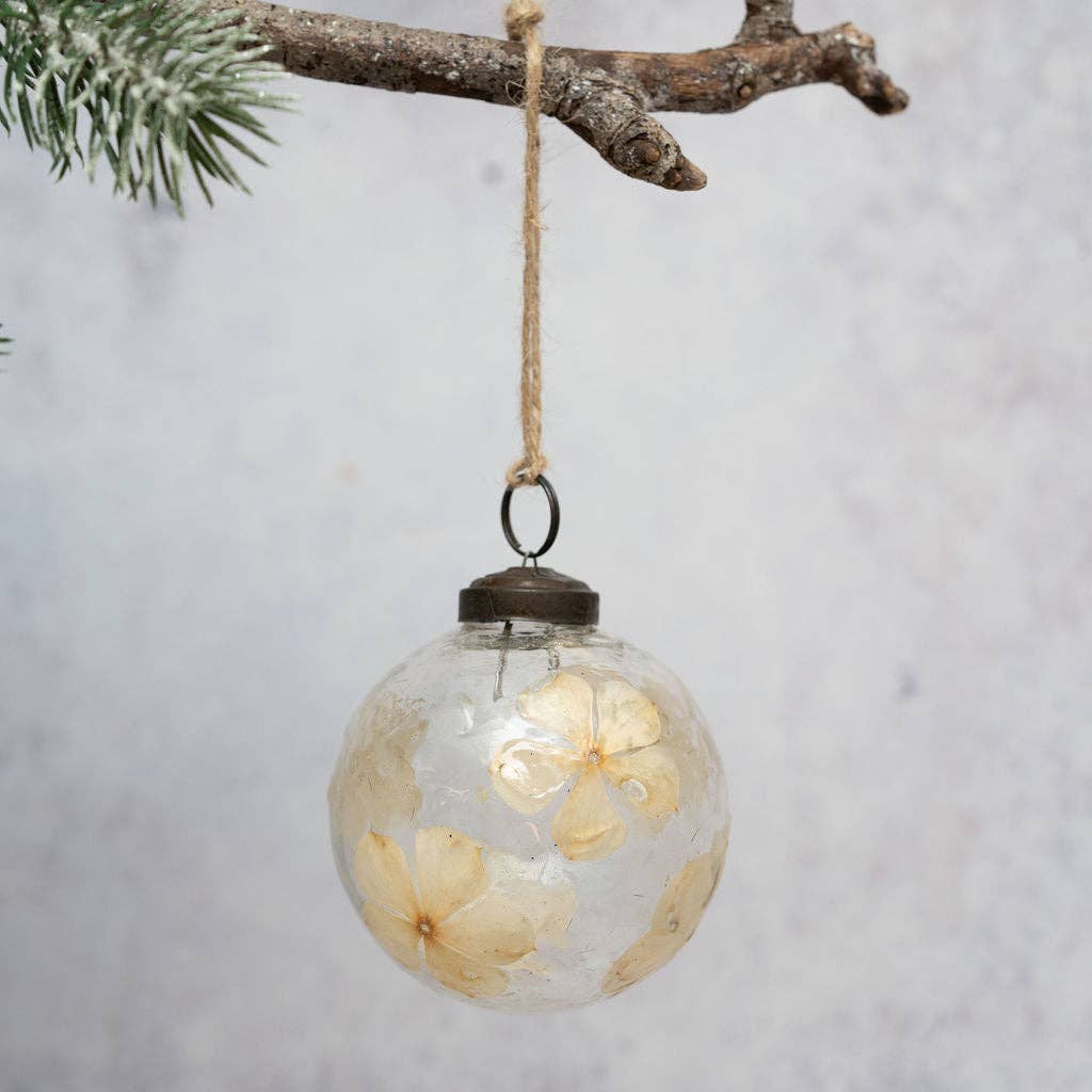 Cream Floral Botanical Handmade Glass Christmas Bauble