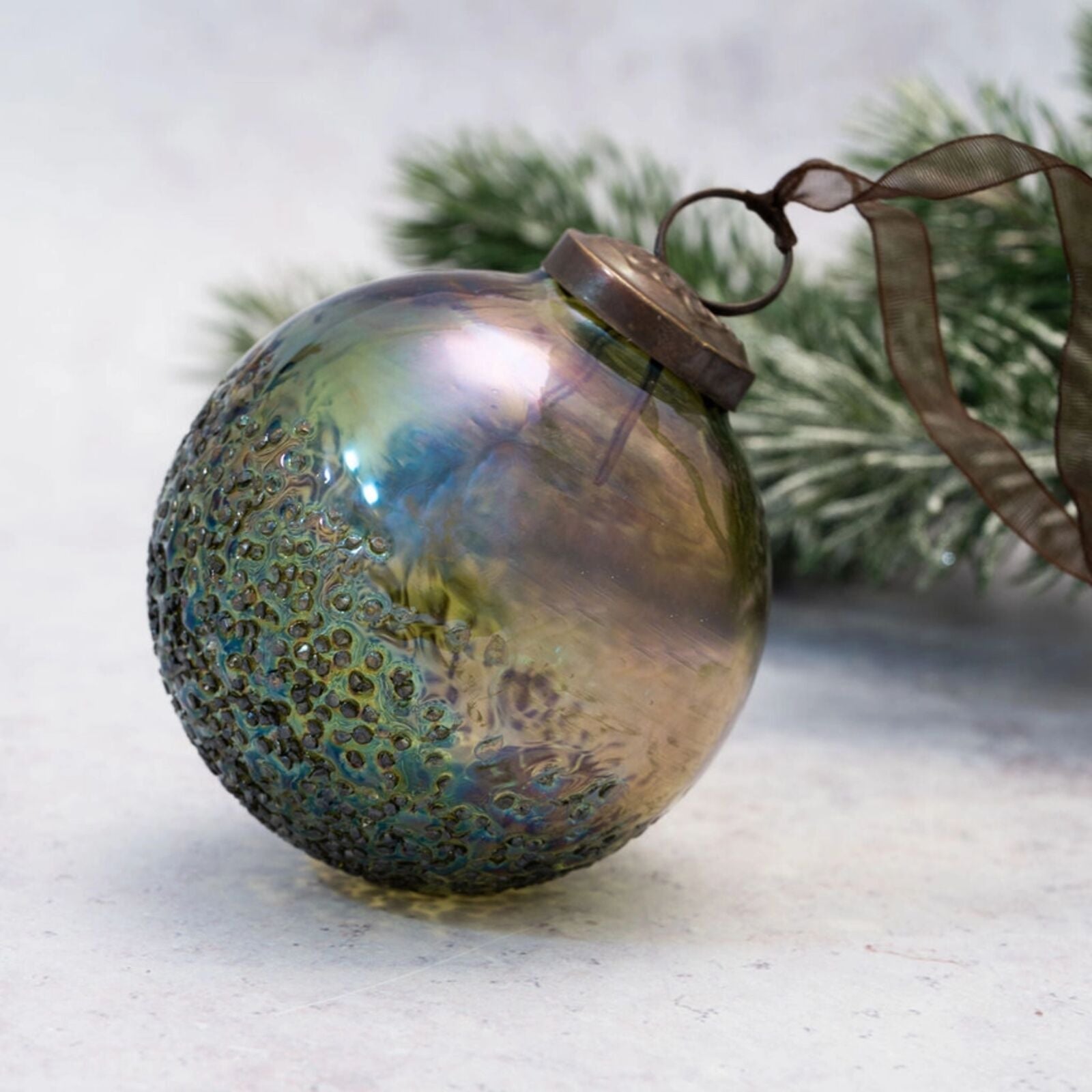 Olive Green Iridescent Glass Christmas Bauble