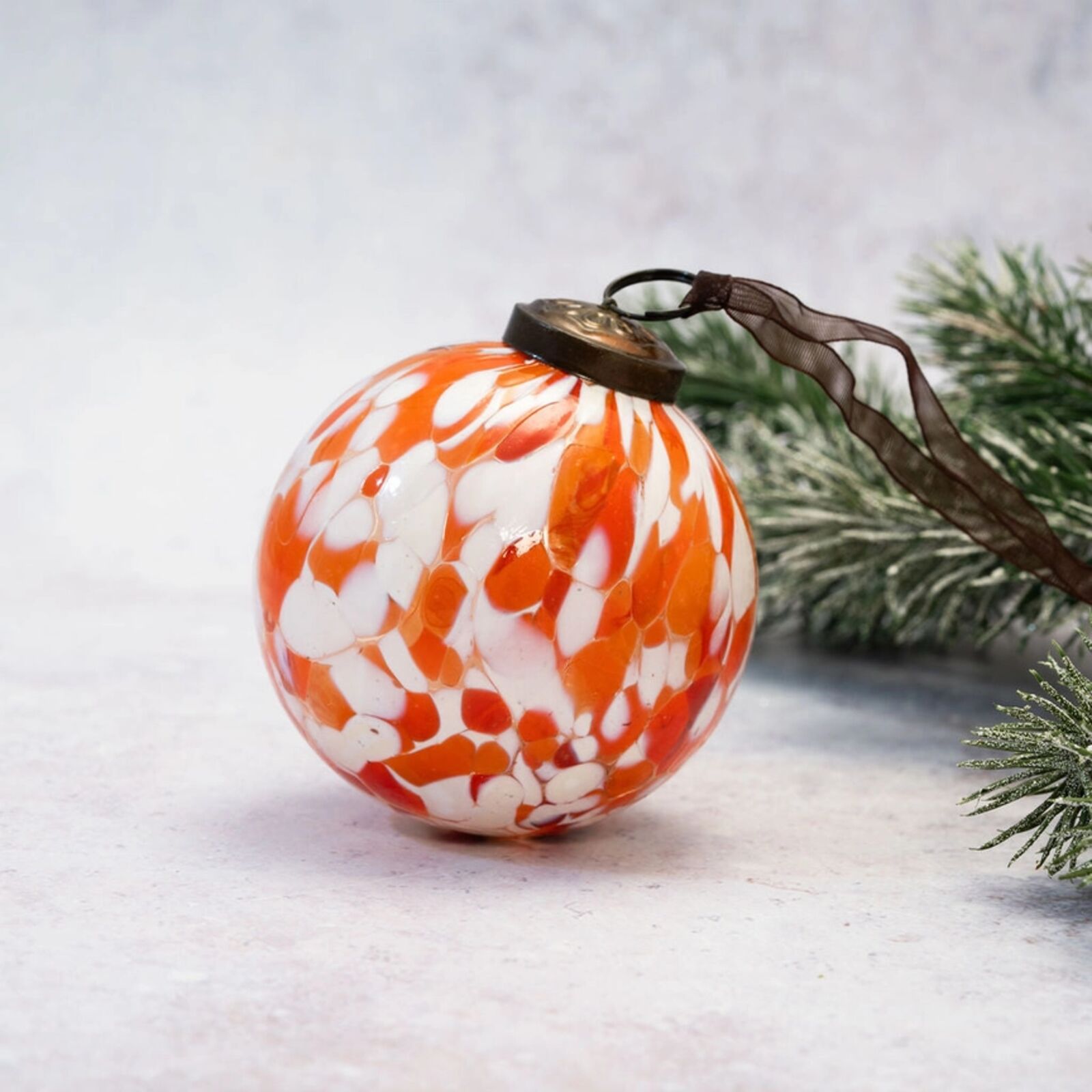 Tangerine and White Speckled Glass Christmas Bauble