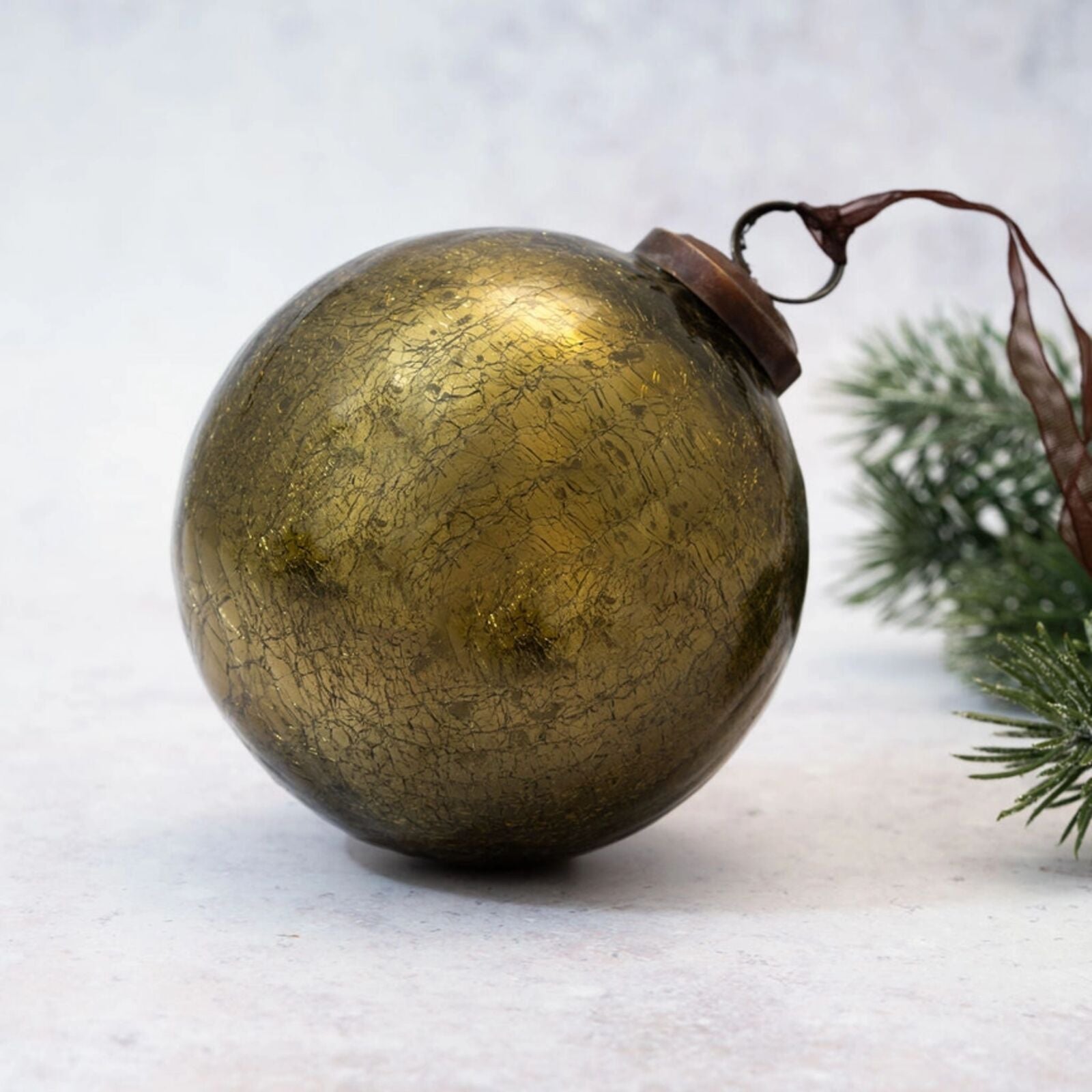 Olive Green Crackle Glass Christmas Bauble