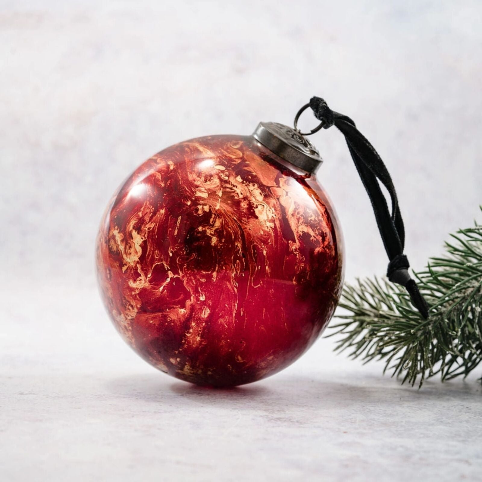 Red and Gold Marble Effect Glass Christmas Bauble
