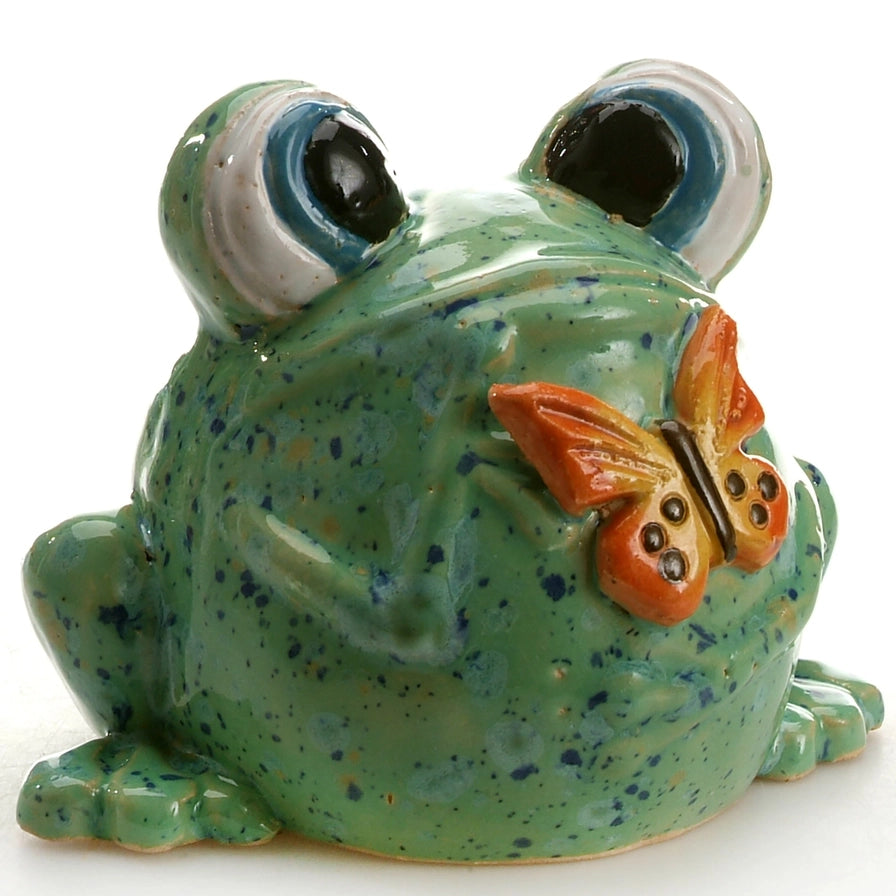 Handcrafted Ceramic Green Frog with Butterfly Sculpture