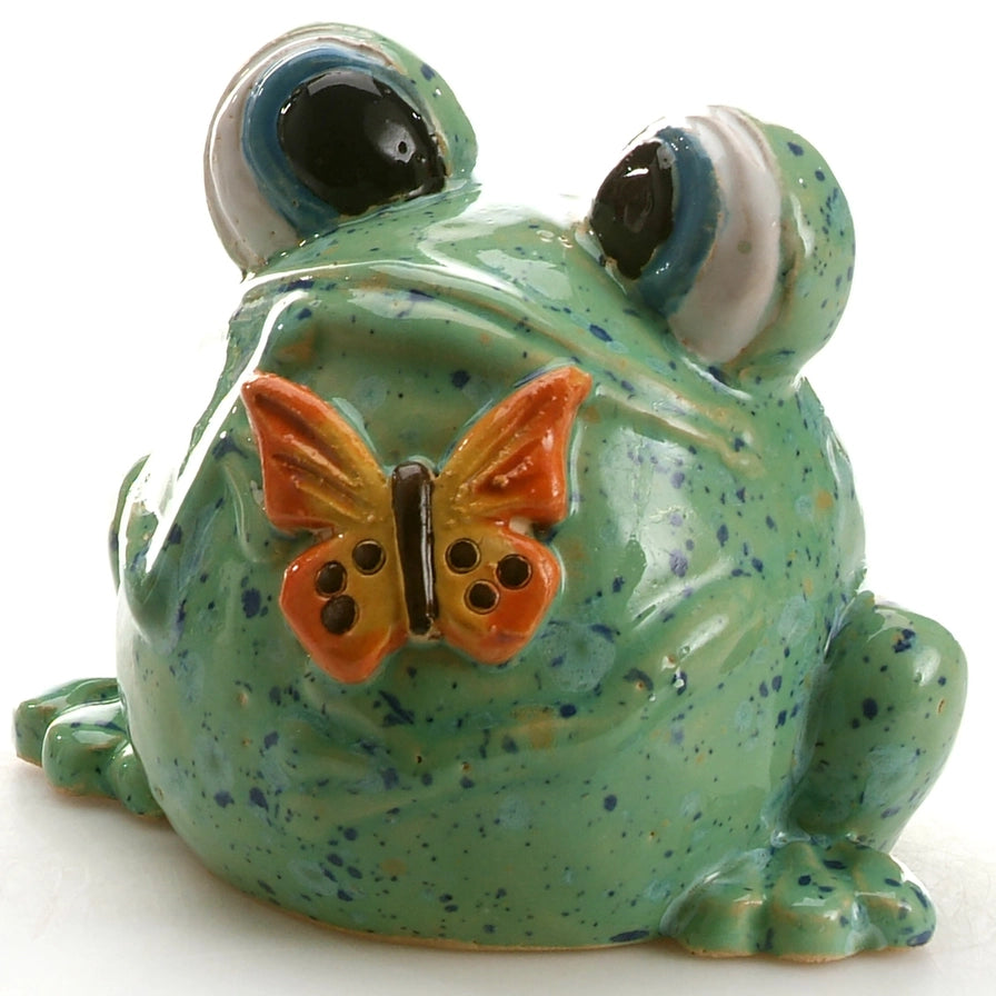 Handcrafted Ceramic Green Frog with Butterfly Sculpture