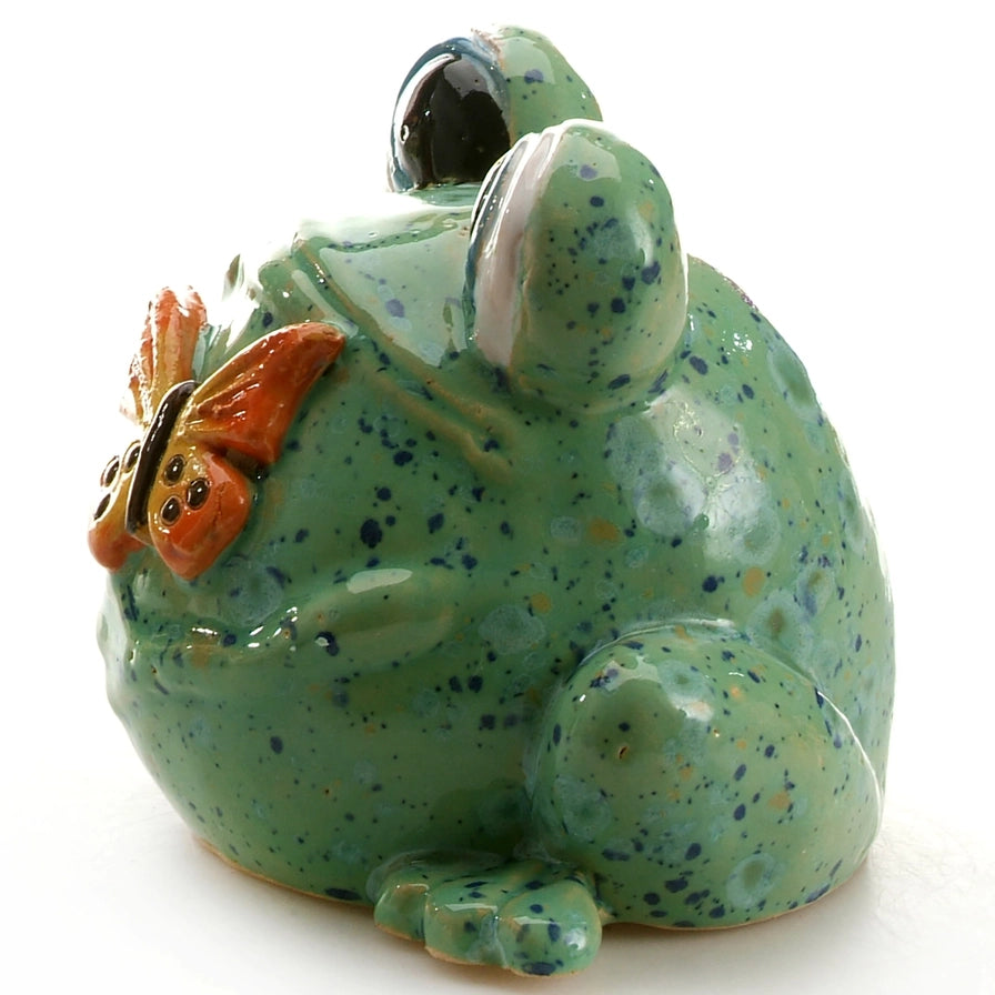 Handcrafted Ceramic Green Frog with Butterfly Sculpture