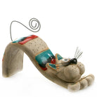 Handmade Ceramic Bendy Cat with Iron Whiskers in Teal and Red