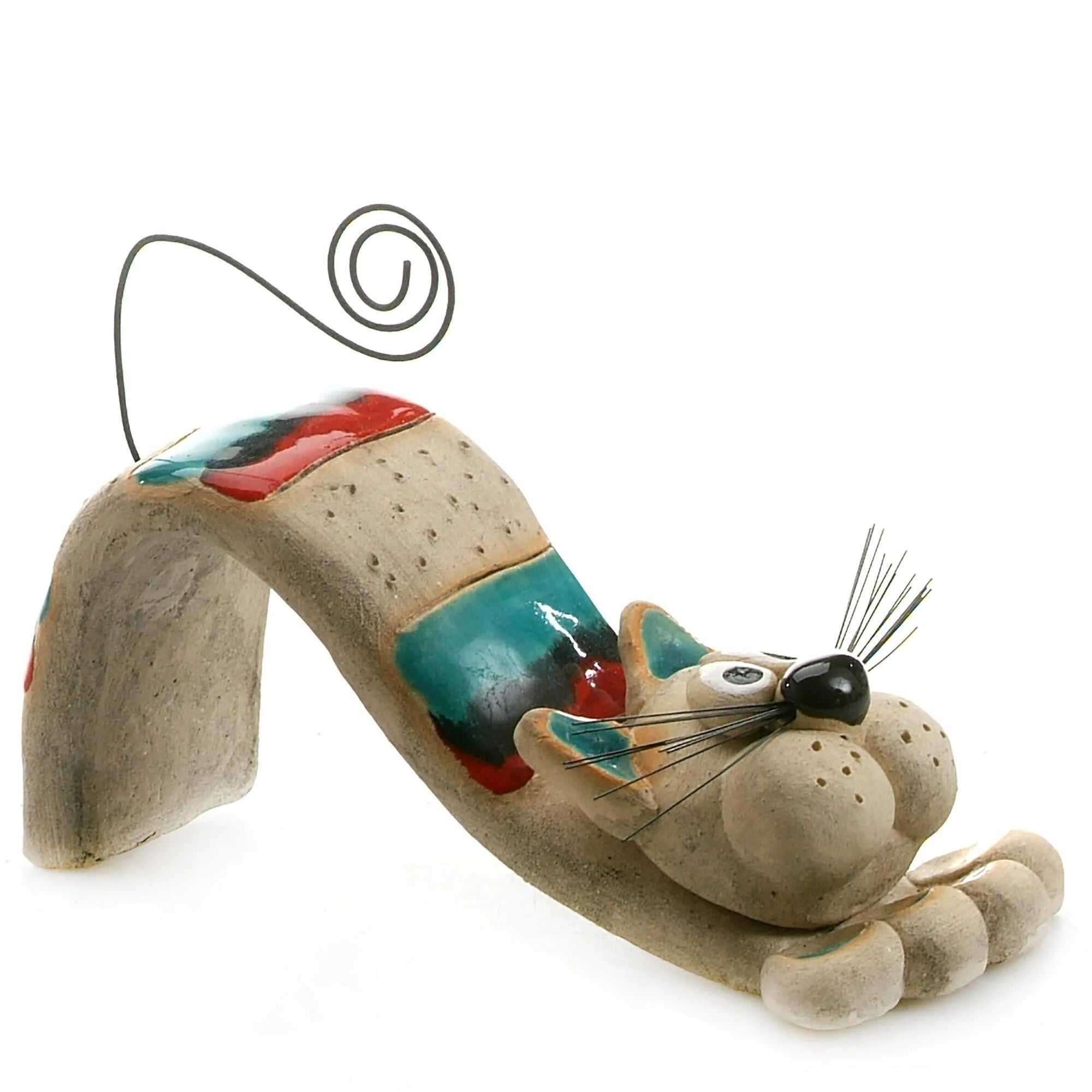 Handmade Ceramic Bendy Cat with Iron Whiskers in Teal and Red