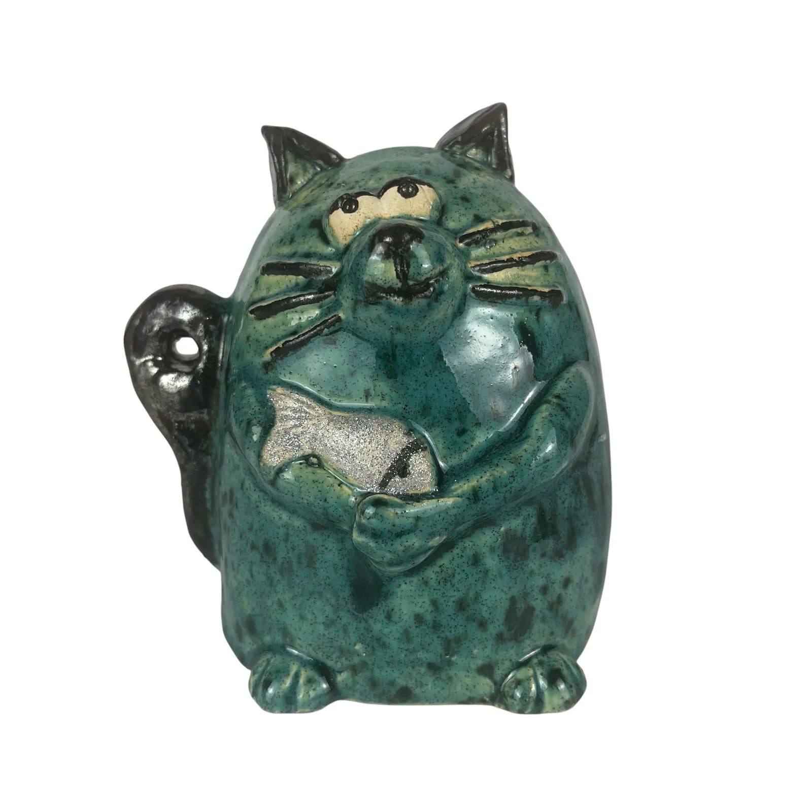 Handcrafted Ceramic Teal Cat with Fish Sculpture