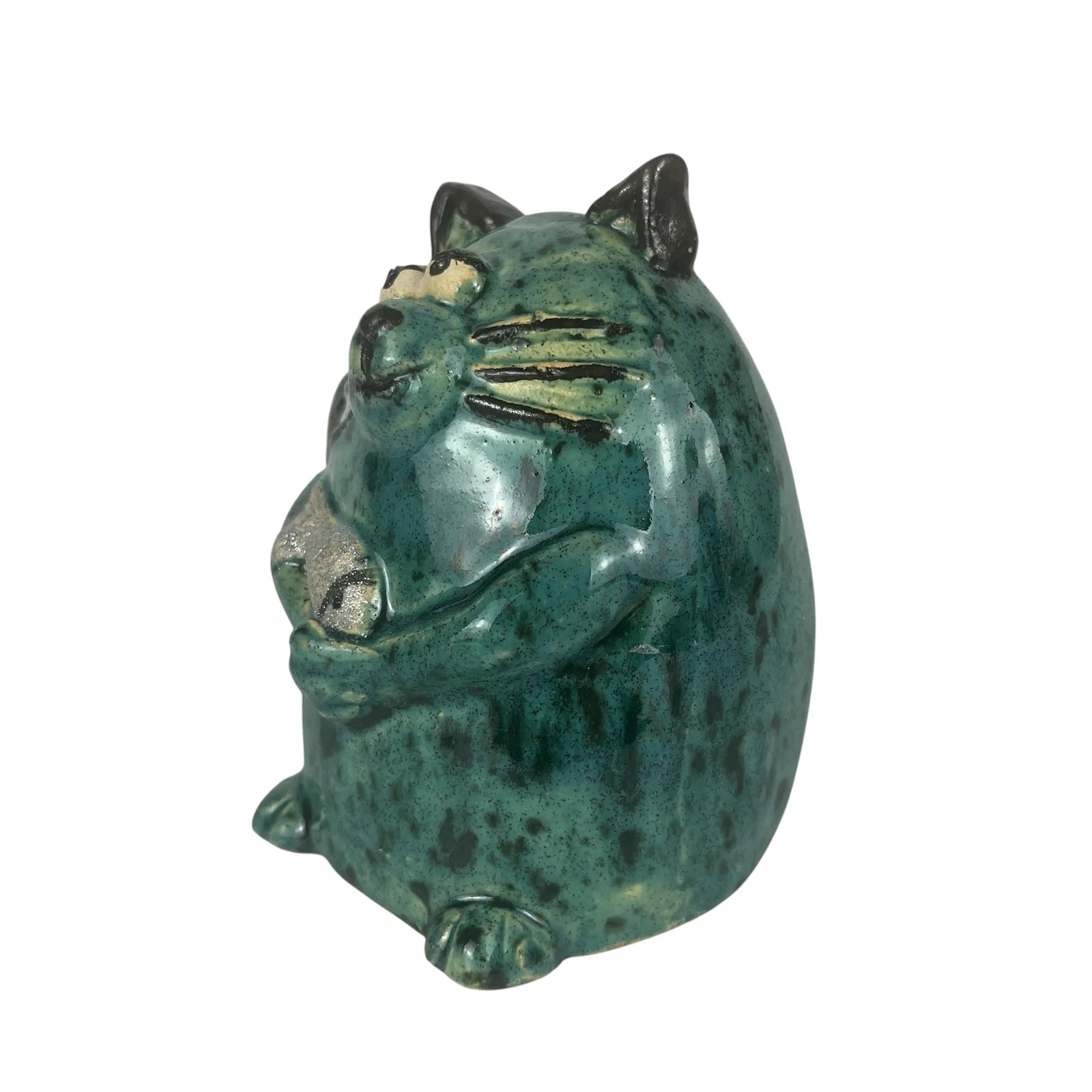 Handcrafted Ceramic Teal Cat with Fish Sculpture