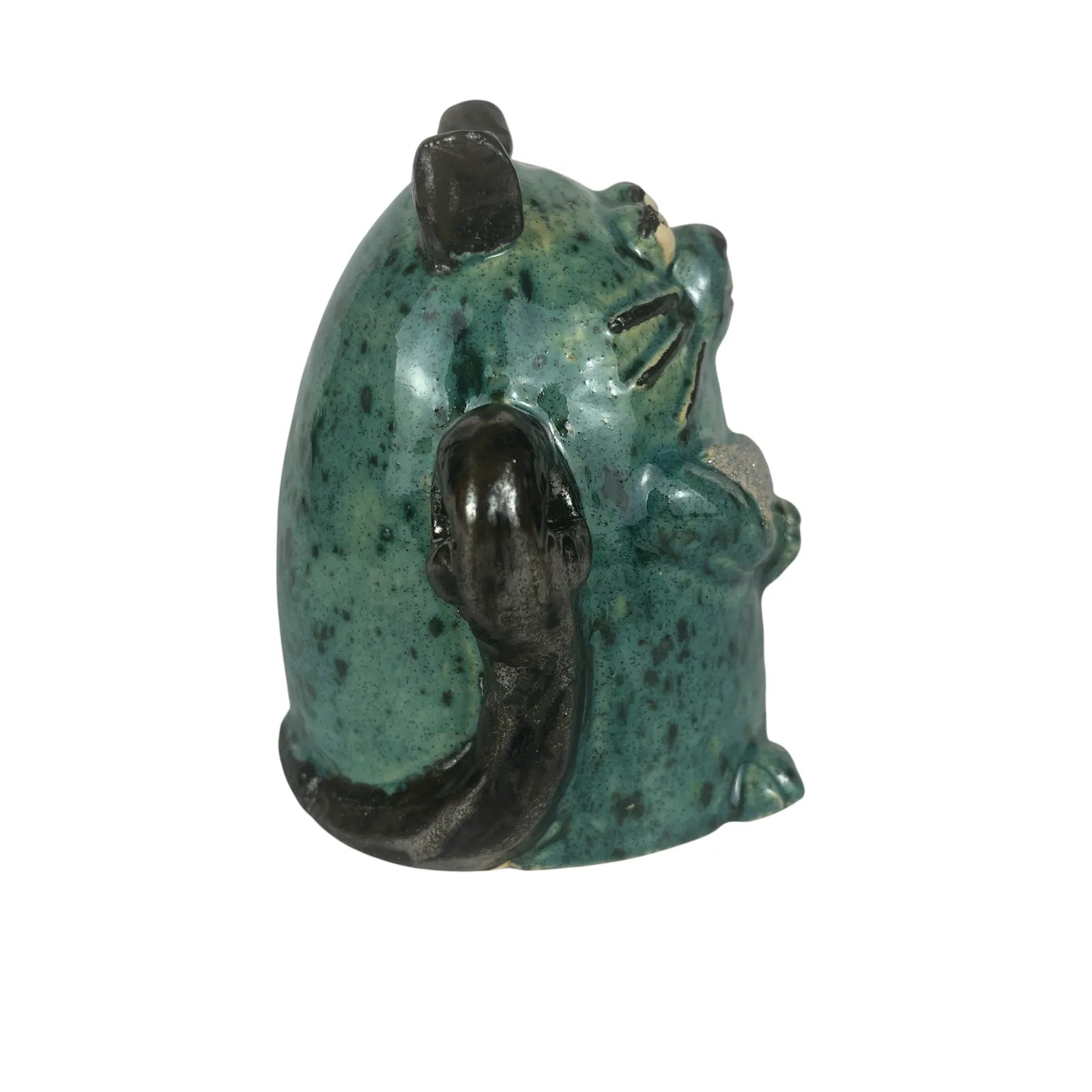 Handcrafted Ceramic Teal Cat with Fish Sculpture