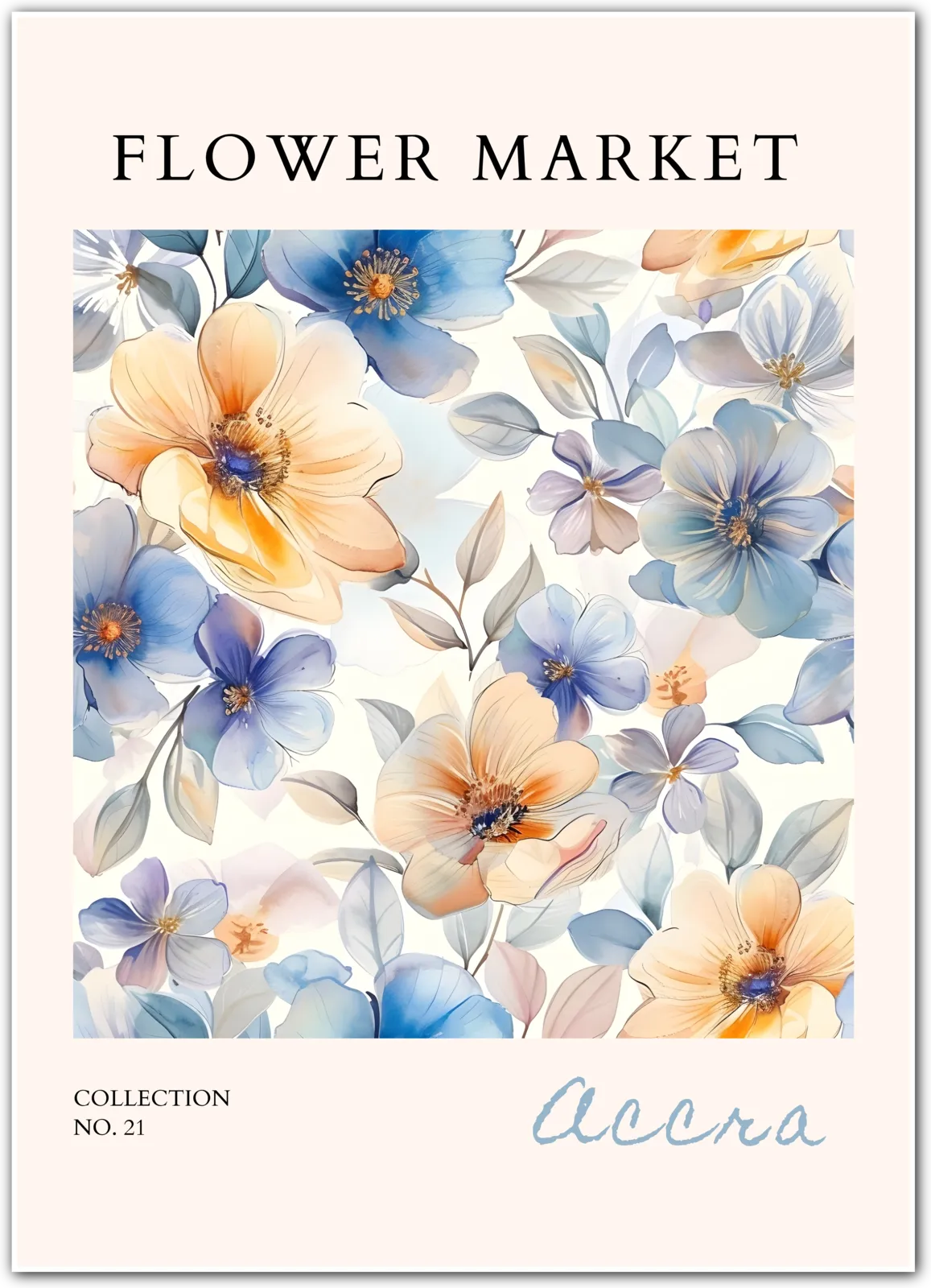 Accra Bloom – Watercolour Floral Art Print in Soft Blues and Golds