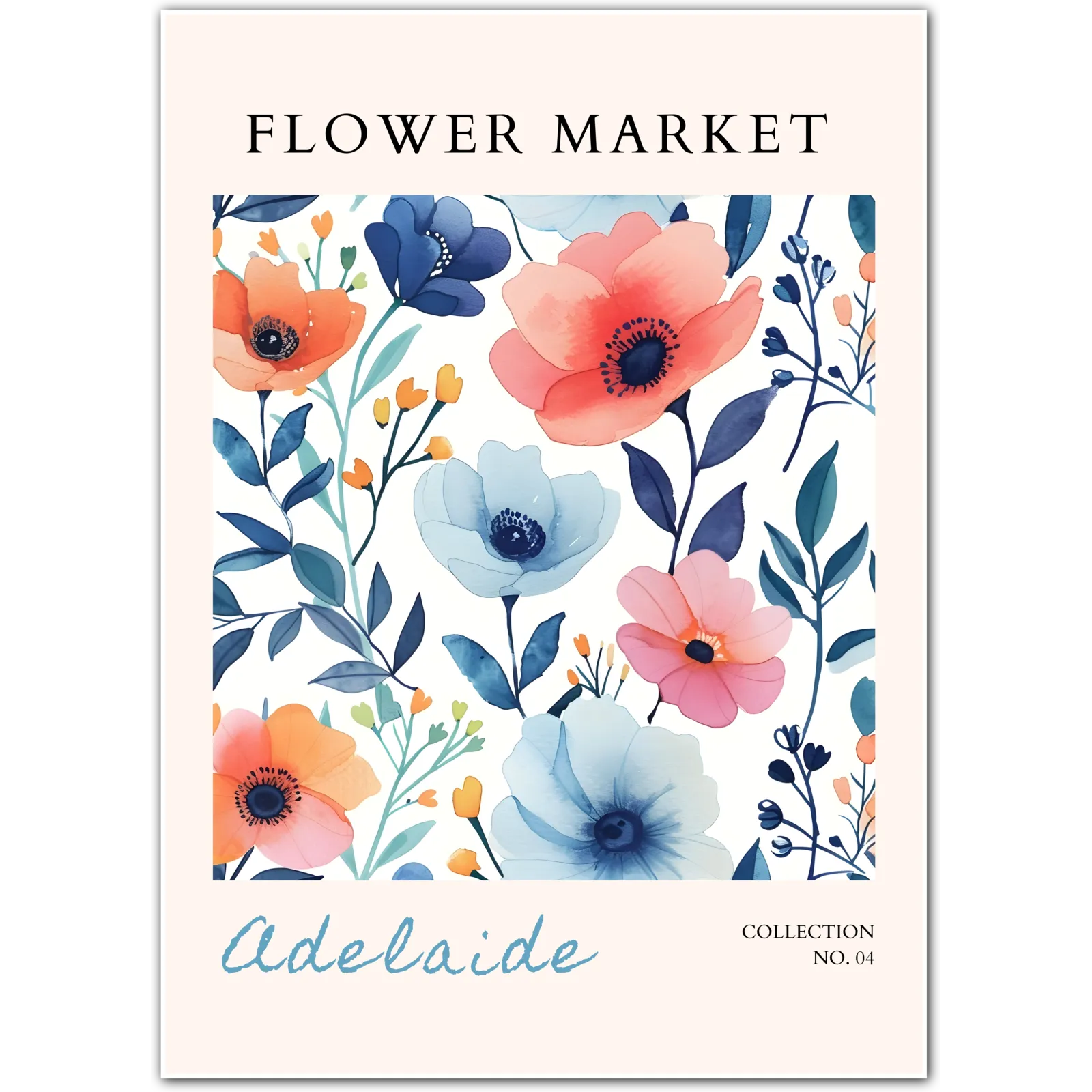 Adelaide Garden Pop – Bold Floral Illustration in Coral and Blue