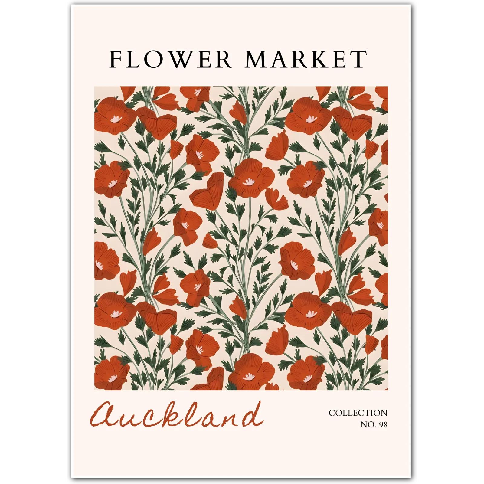 Auckland Poppy Grove – Bold Botanical Art in Terracotta and Green