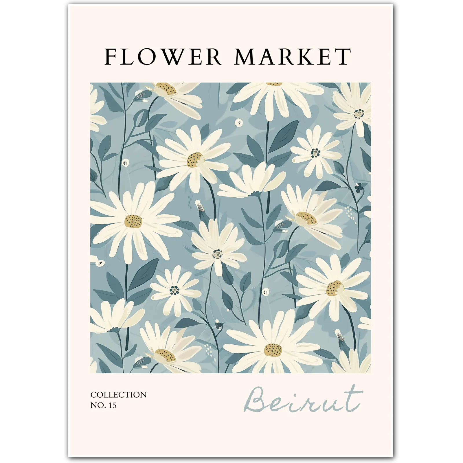 Beirut Daisy Dream – Elegant Botanical in Soft Blue and Cream