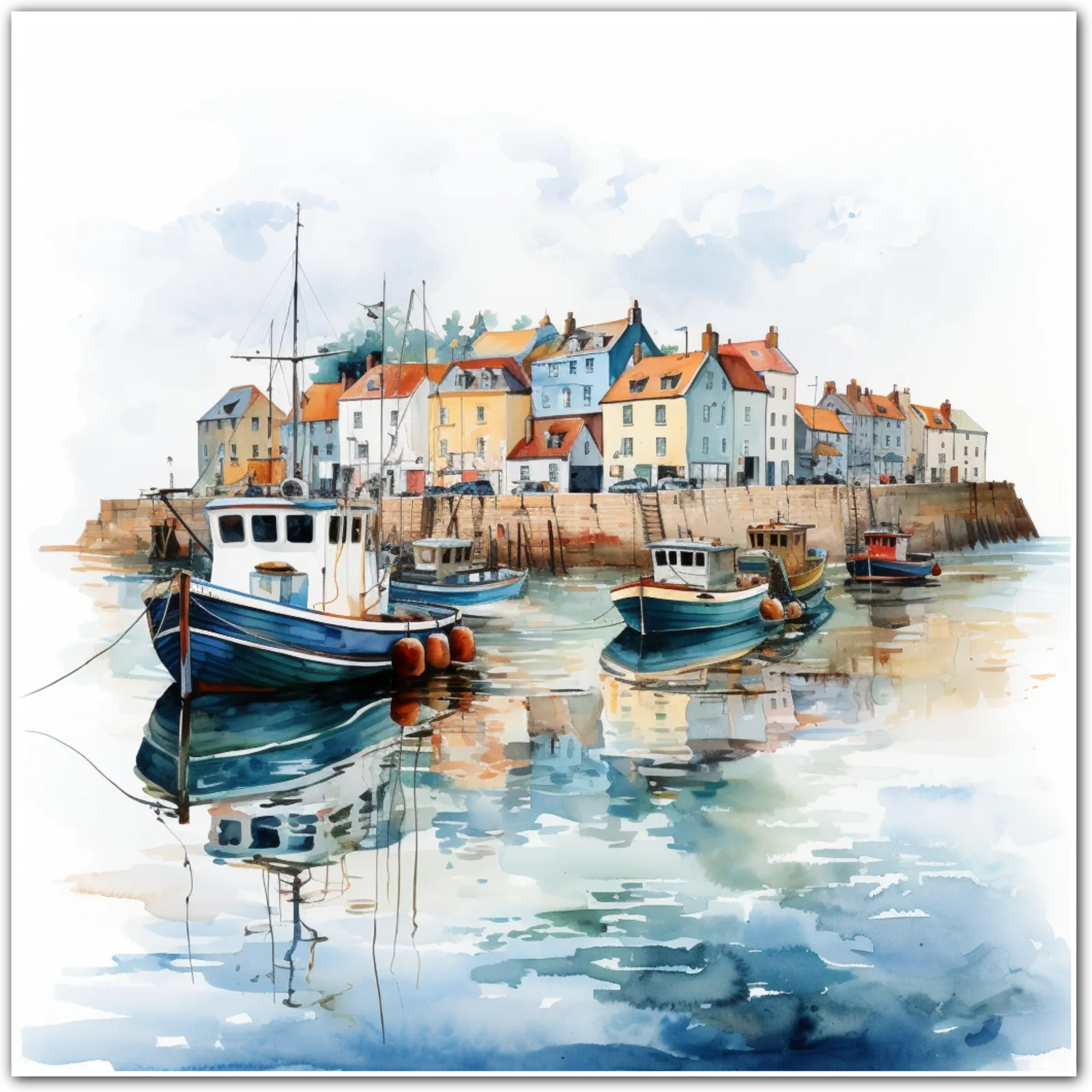 Watercolour of a harbour with boats and quaint houses reflecting in the water.