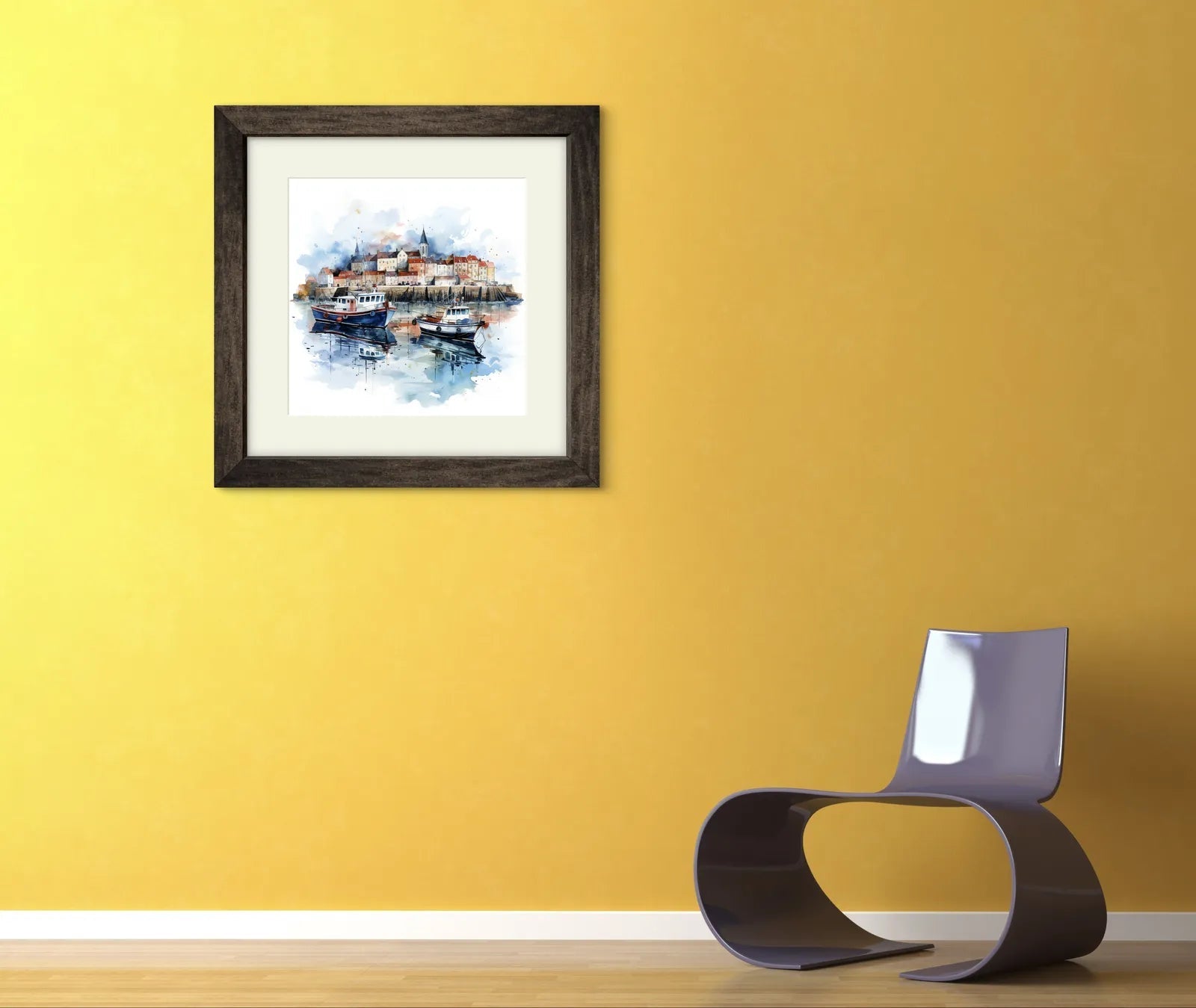 Watercolour painting of a harbour with boats and a coastal town.