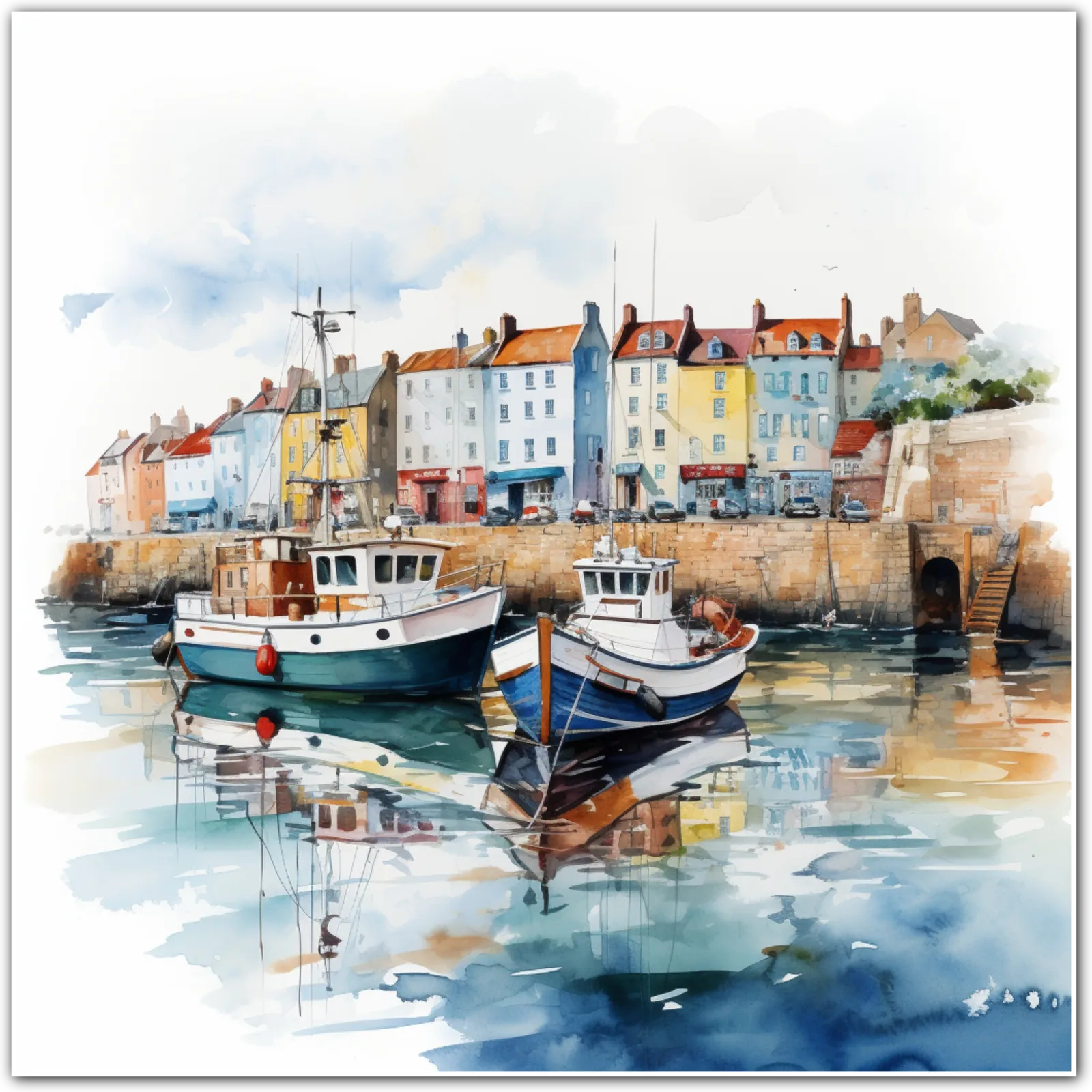 Watercolour painting of boats docked at a harbour with colourful houses in the background.