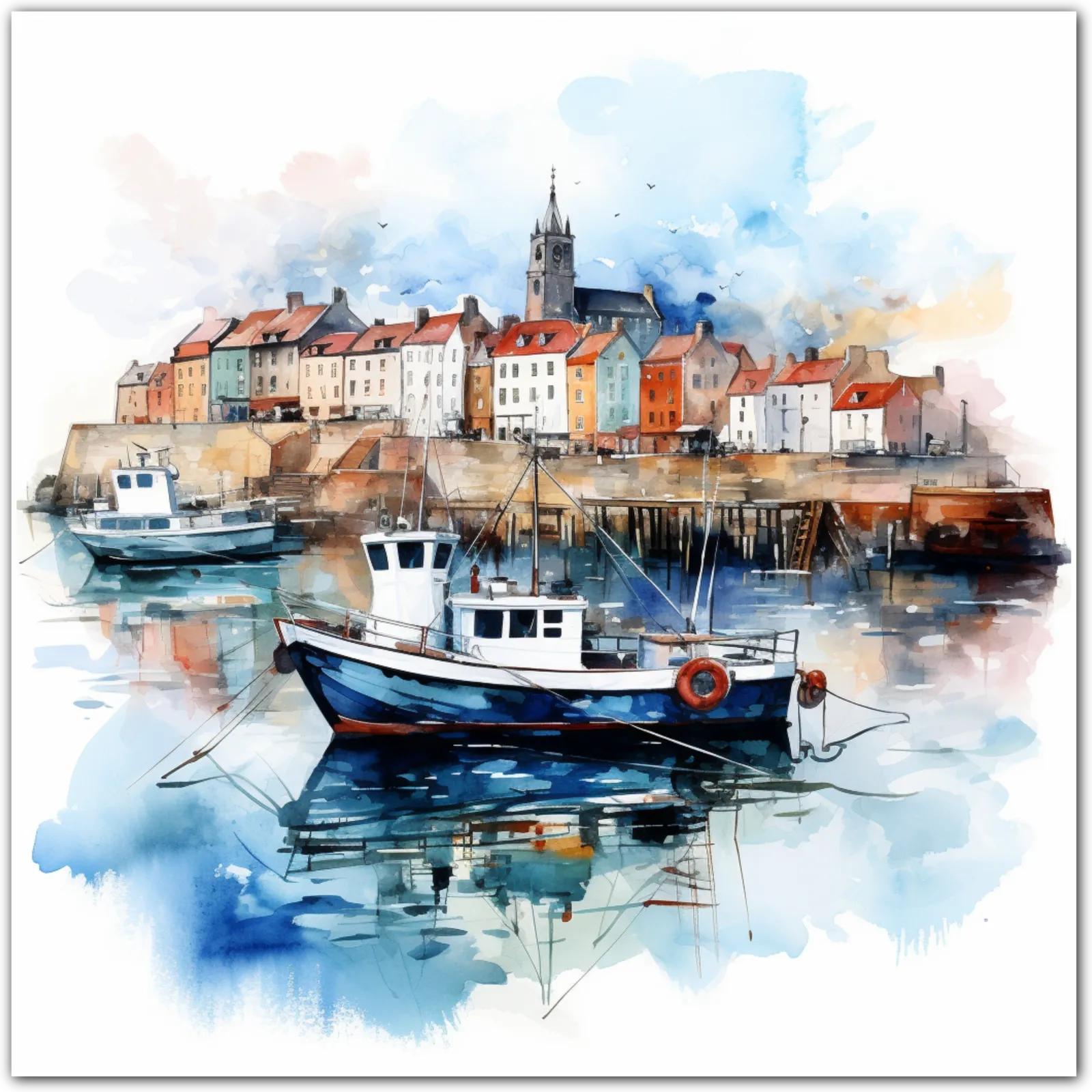 Watercolour painting of a serene harbour with boats and colourful buildings.