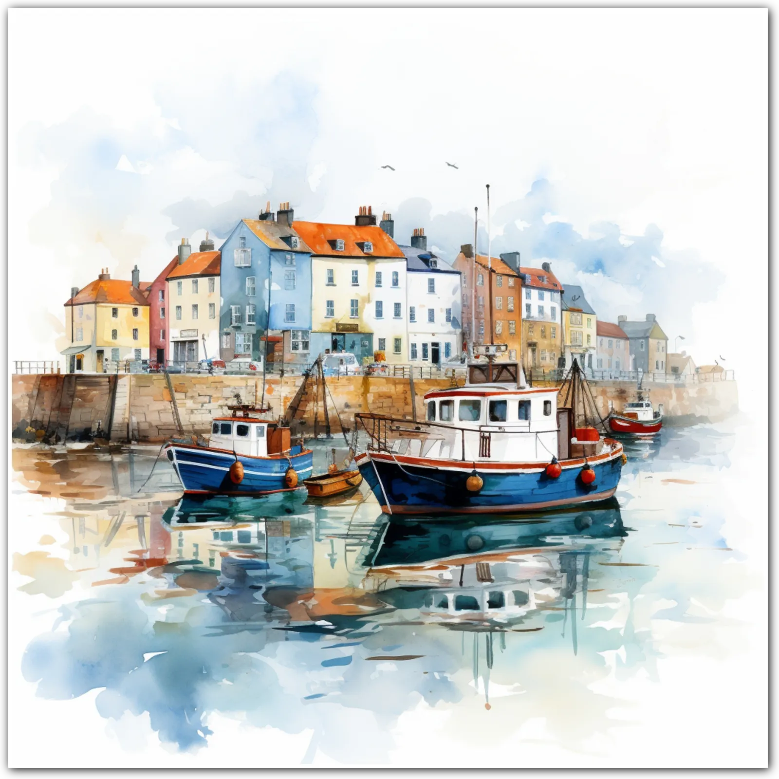 Watercolour painting of a coastal village with moored boats.