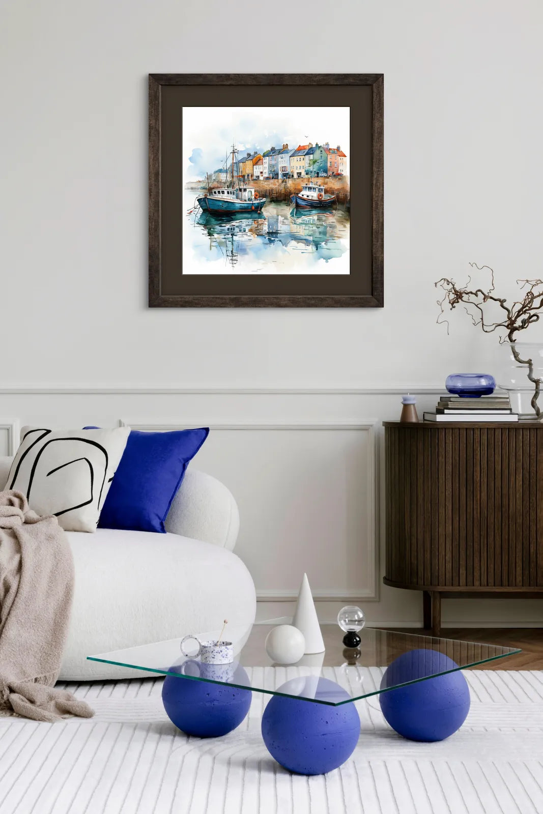 Watercolour art print of a harbour with boats and colourful townhouses.