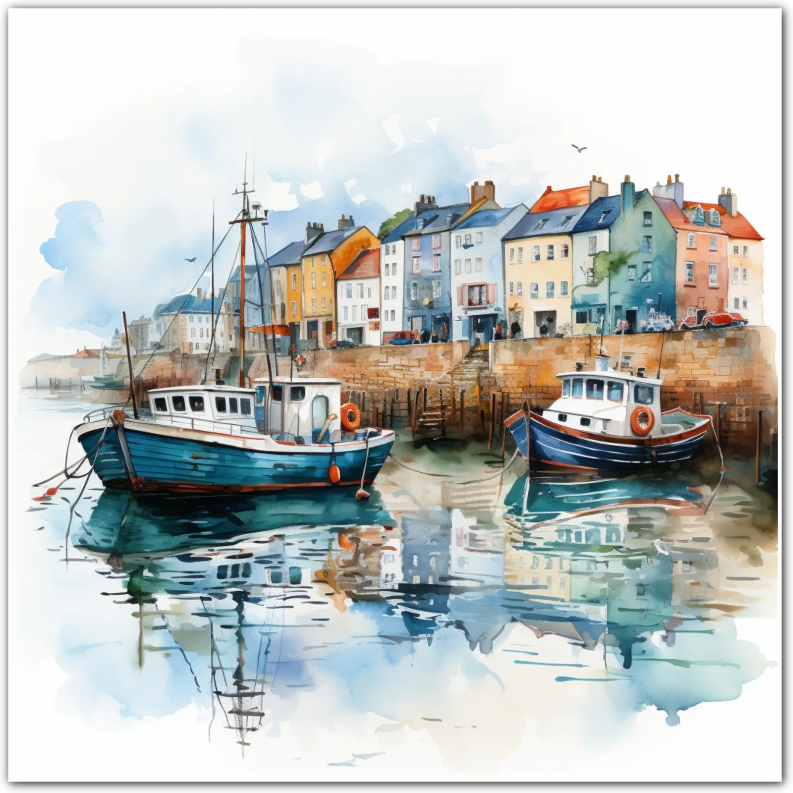 Watercolour art print of a harbour with boats and colourful townhouses.