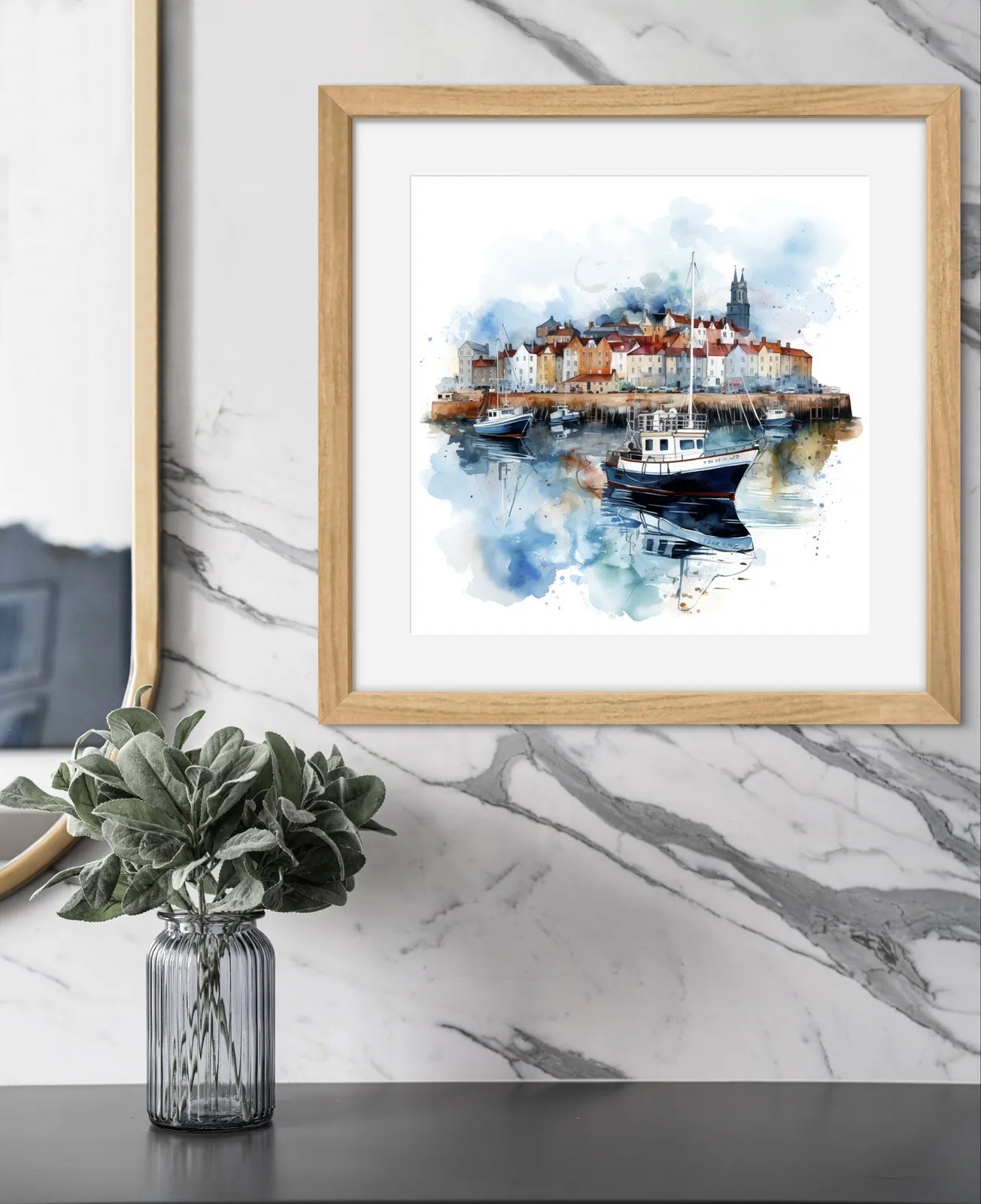 Watercolour painting of a coastal village with boats in a harbour.
