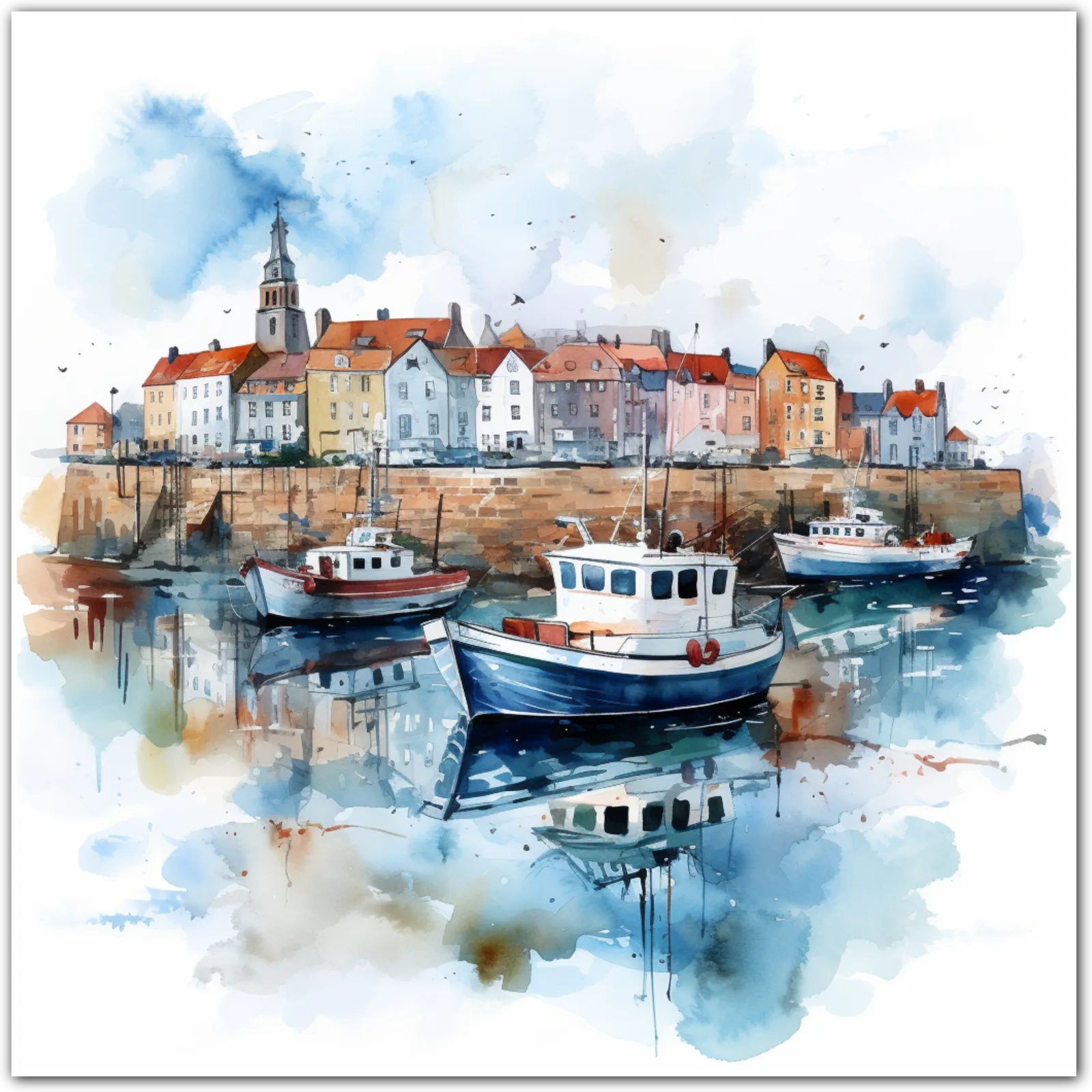 Watercolour painting of a harbour with boats and colourful houses.