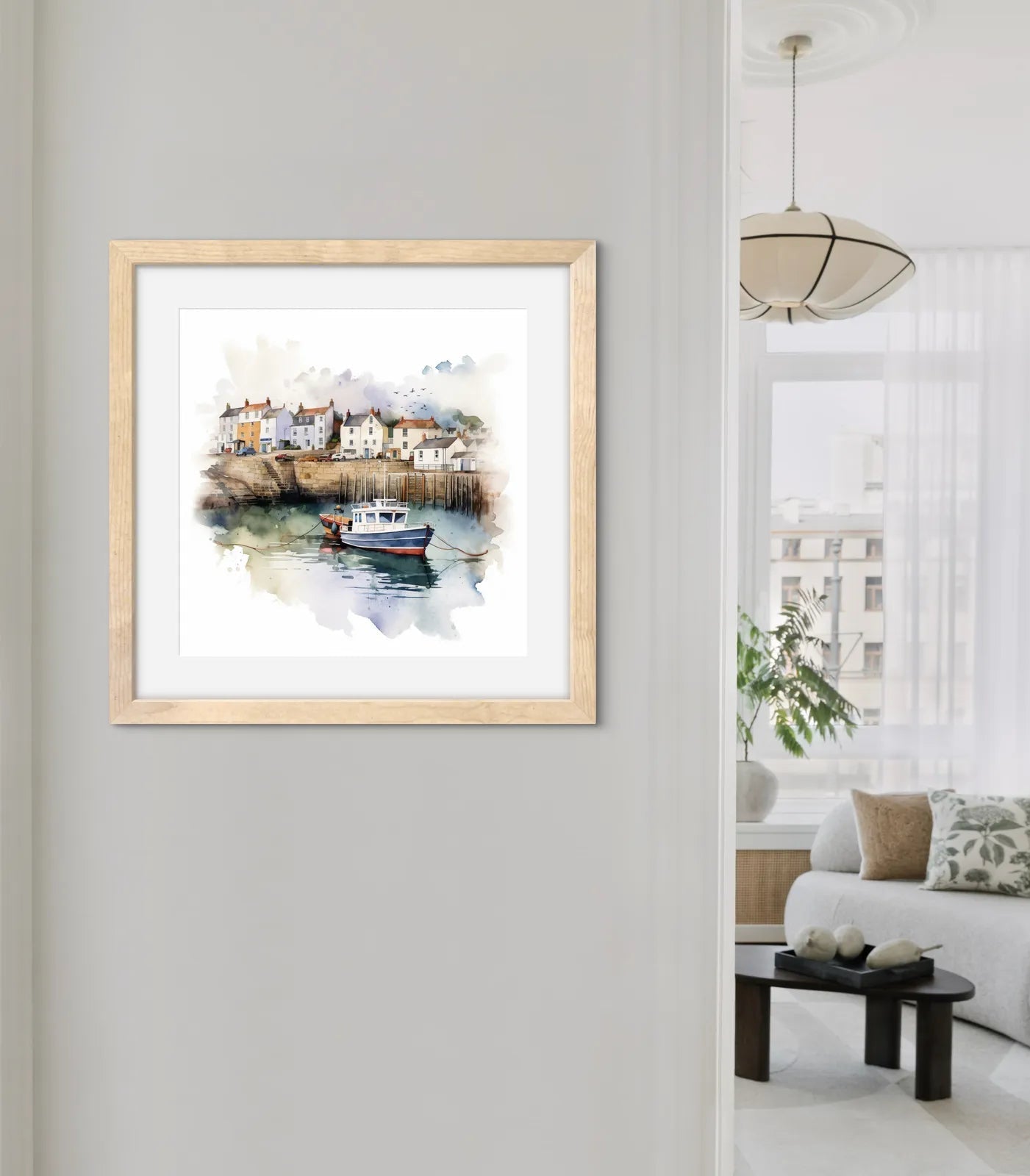 Watercolour painting of a coastal harbour with houses and a fishing boat.