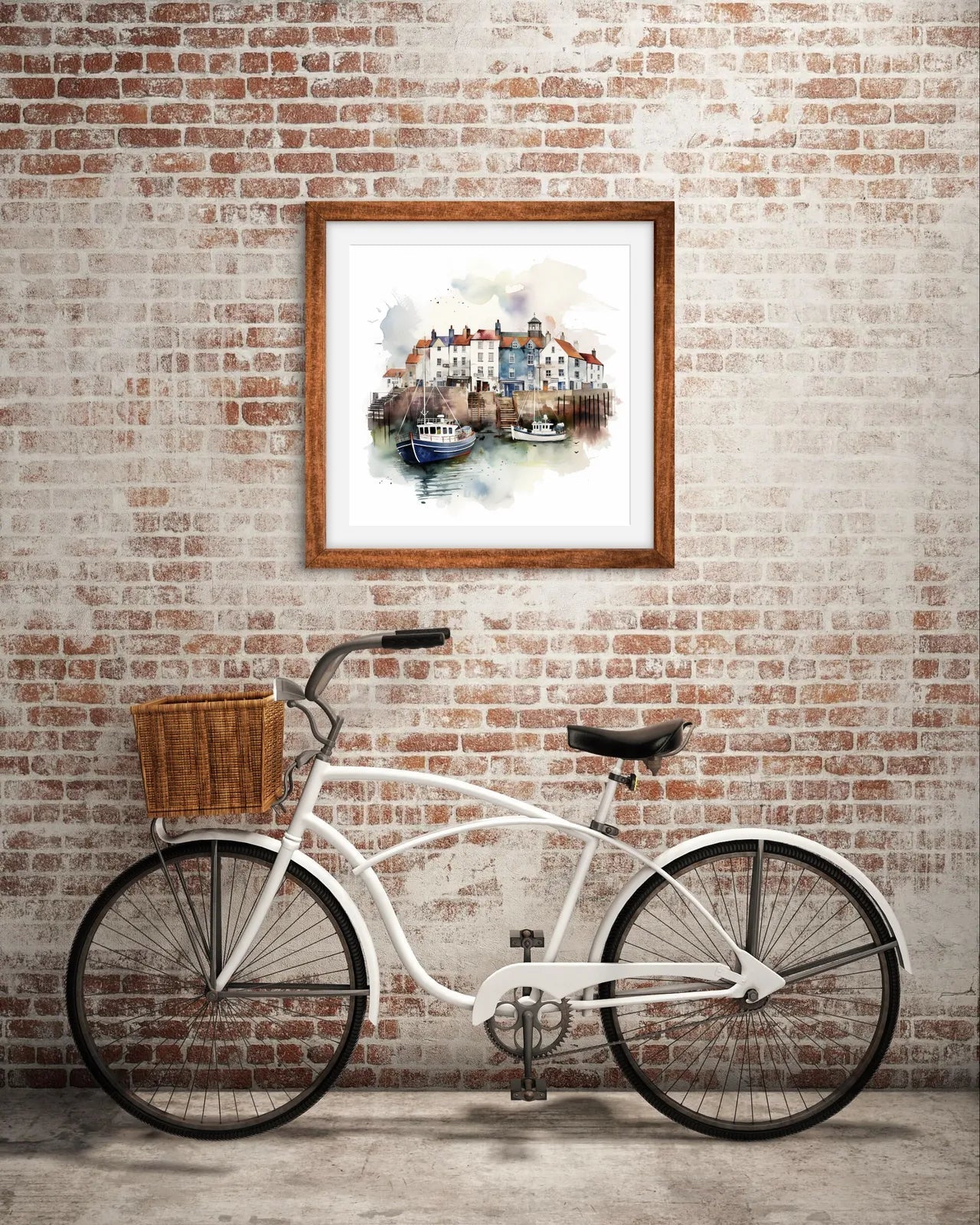 Watercolour painting of a harbour scene with fishing boats and cottages.