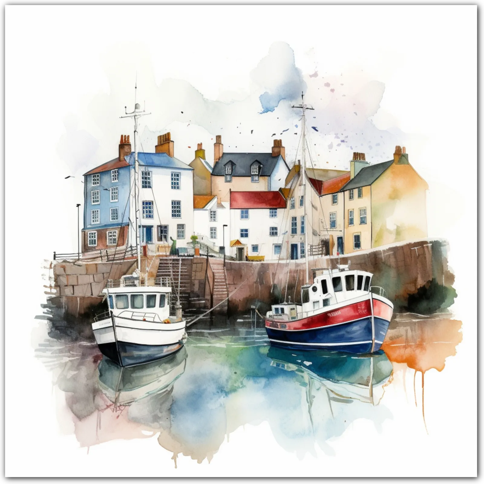 Watercolour painting of a harbour with boats and colourful cottages.