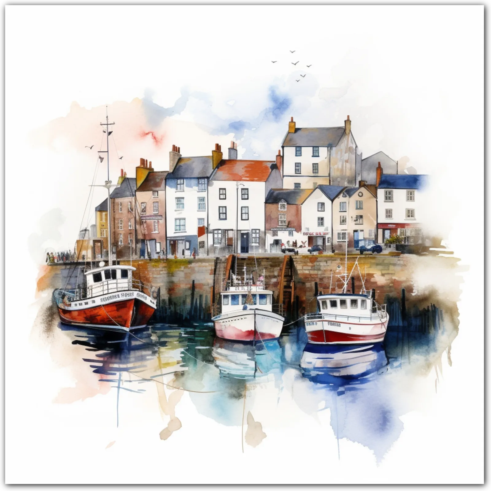 Watercolour painting of a harbour with colourful fishing boats and coastal cottages.