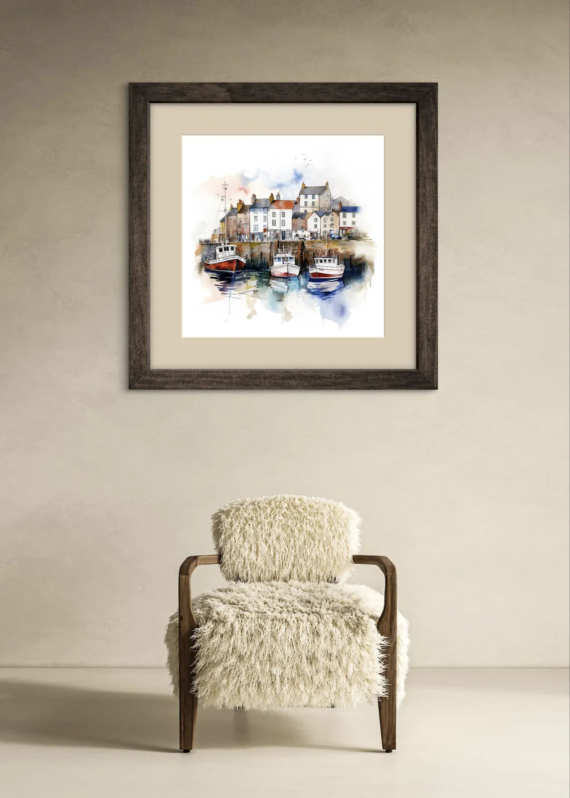 Watercolour painting of a harbour with colourful fishing boats and coastal cottages.