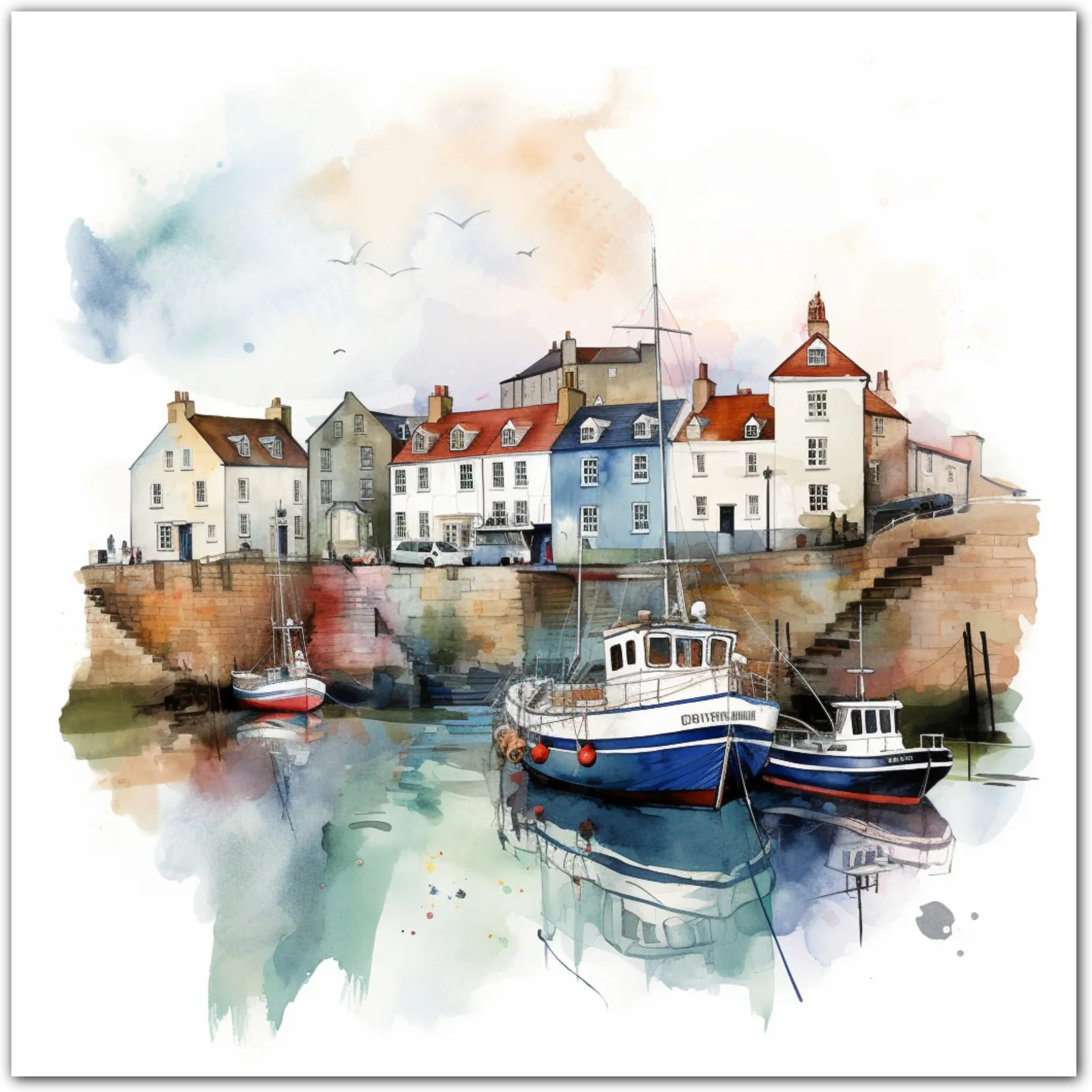 Watercolour of a coastal harbour with boats and houses