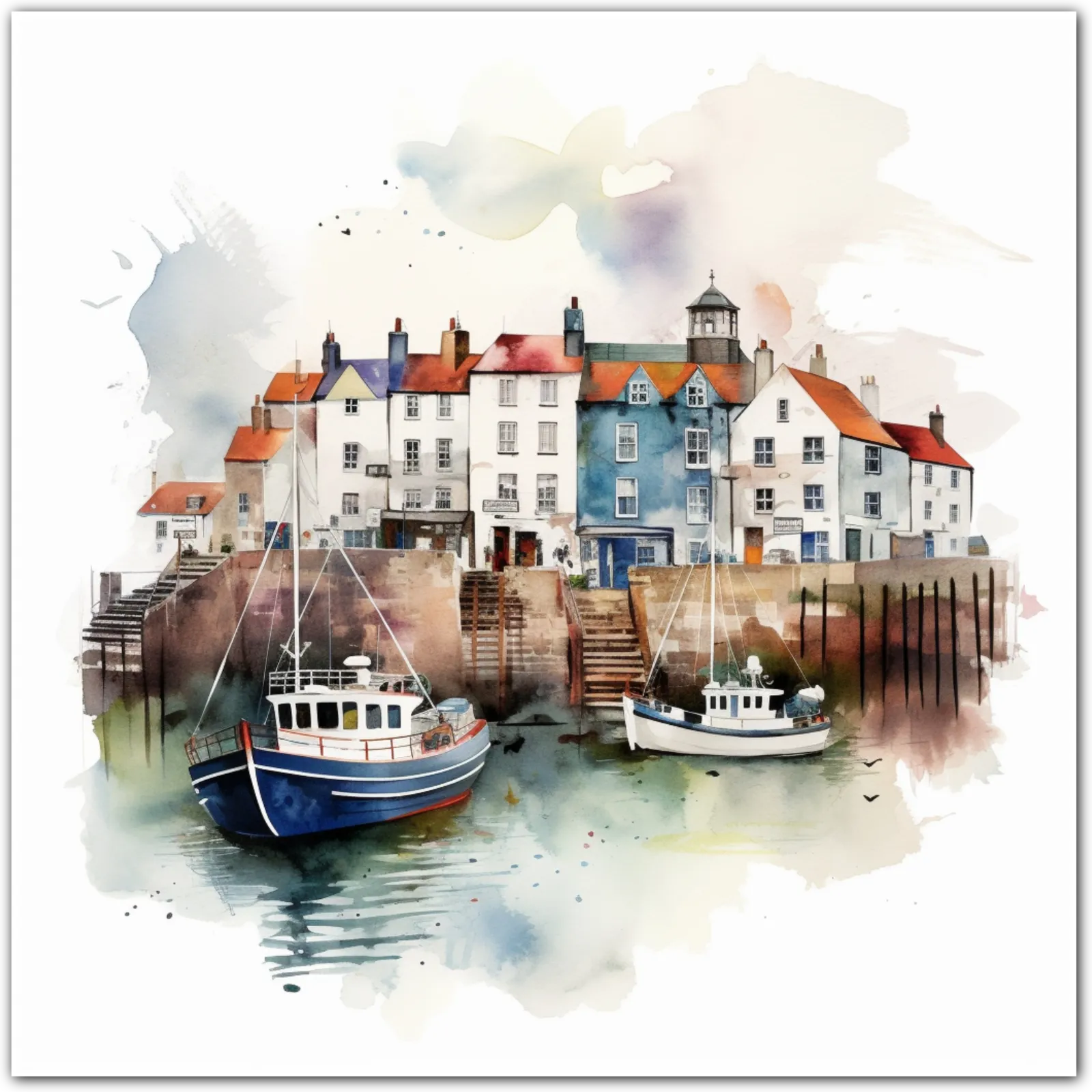 Watercolour painting of a coastal village with colourful cottages and boats in a harbour.