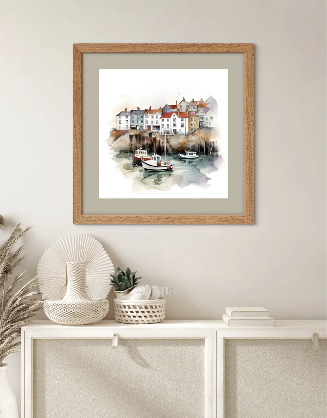 Watercolour painting of a coastal harbour with colourful houses and boats.