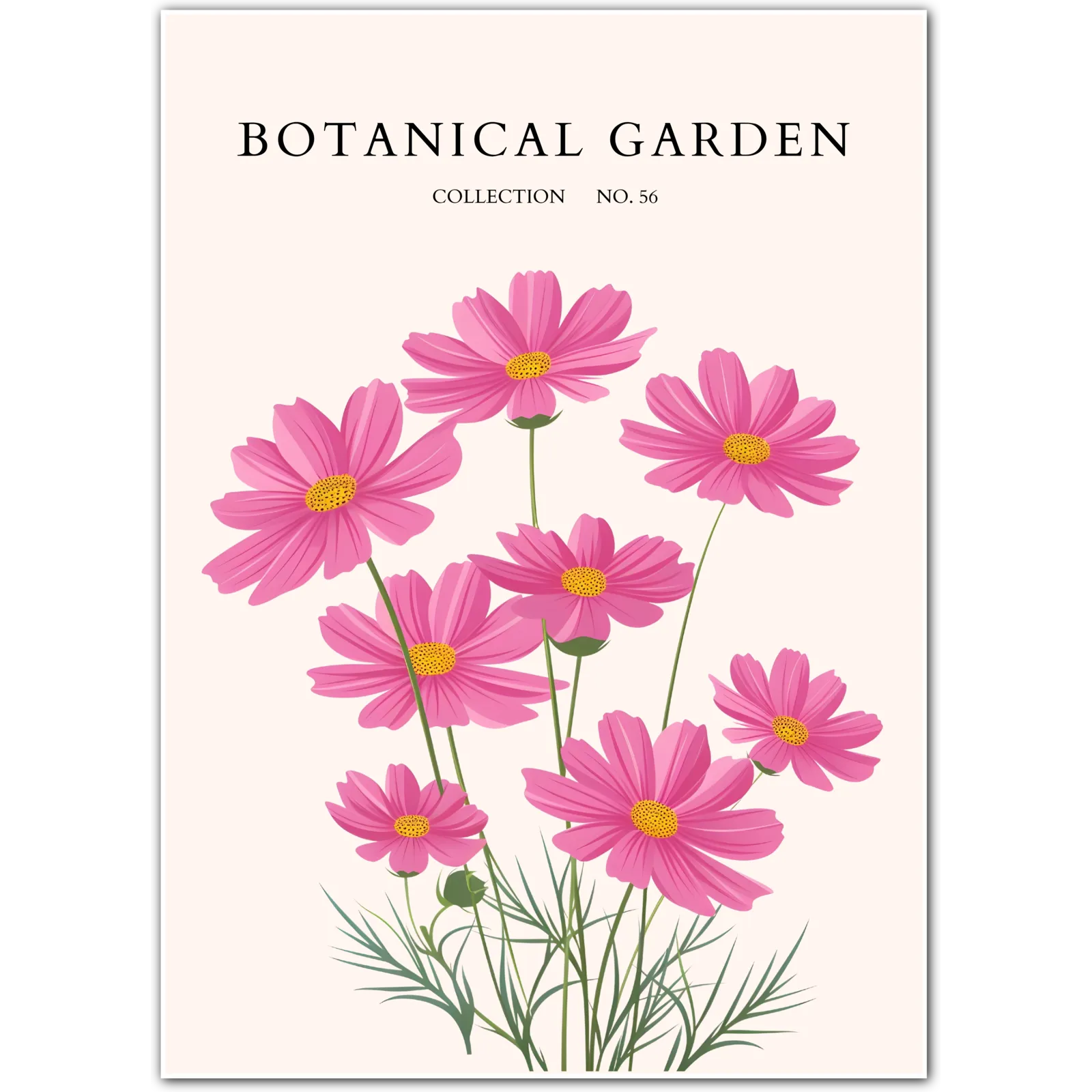 Pink Cosmos Garden Print – Cheerful Summer Bloom on Cream Canvas